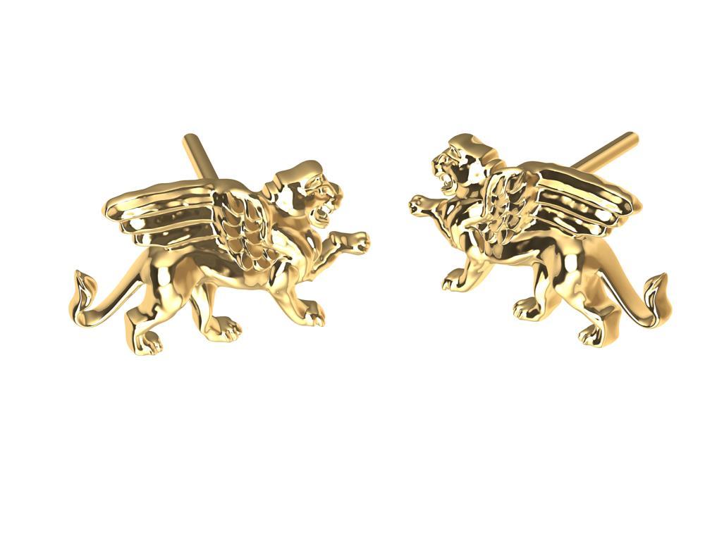 Contemporary 18 Karat Yellow Gold Winged Lion Griffin Stud Earrings For Sale