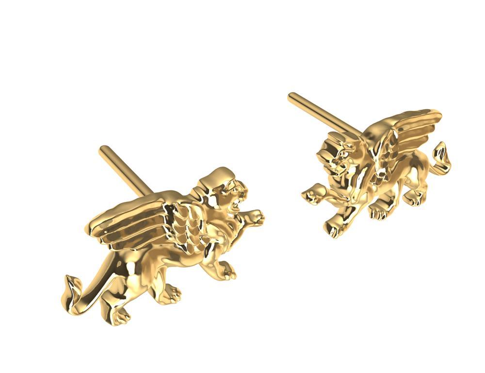 Women's 18 Karat Yellow Gold Winged Lion Griffin Stud Earrings For Sale