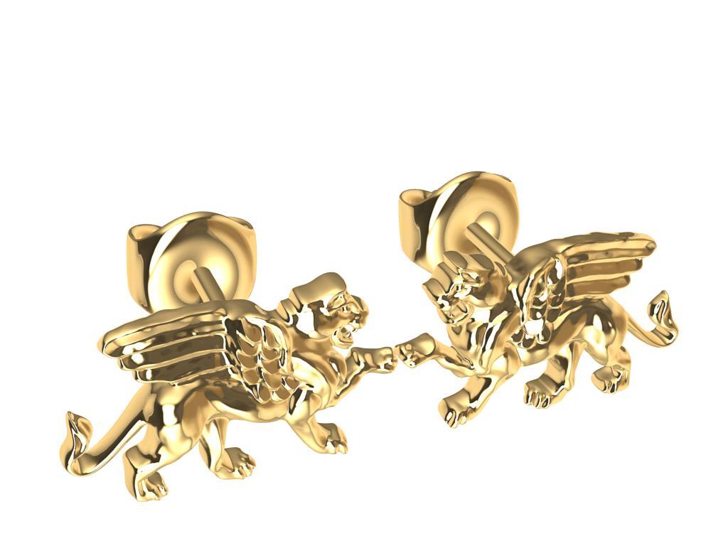18 Karat Yellow Gold Winged Lion Griffin Stud Earrings For Sale 2