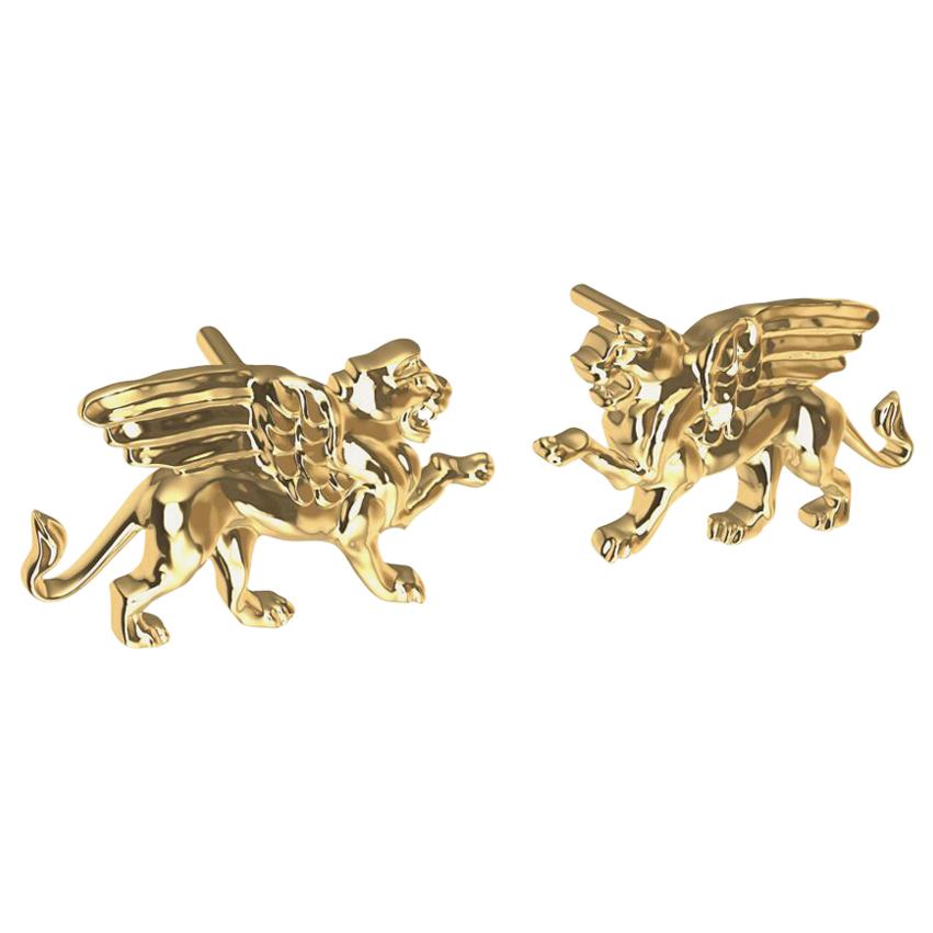 18 Karat Yellow Gold Winged Lion Griffin Stud Earrings For Sale