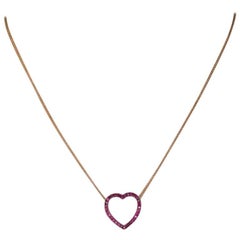 18 Karat Yellow Gold with 32 Pink Rubies 0.57 Carat Heart Pendant Necklace