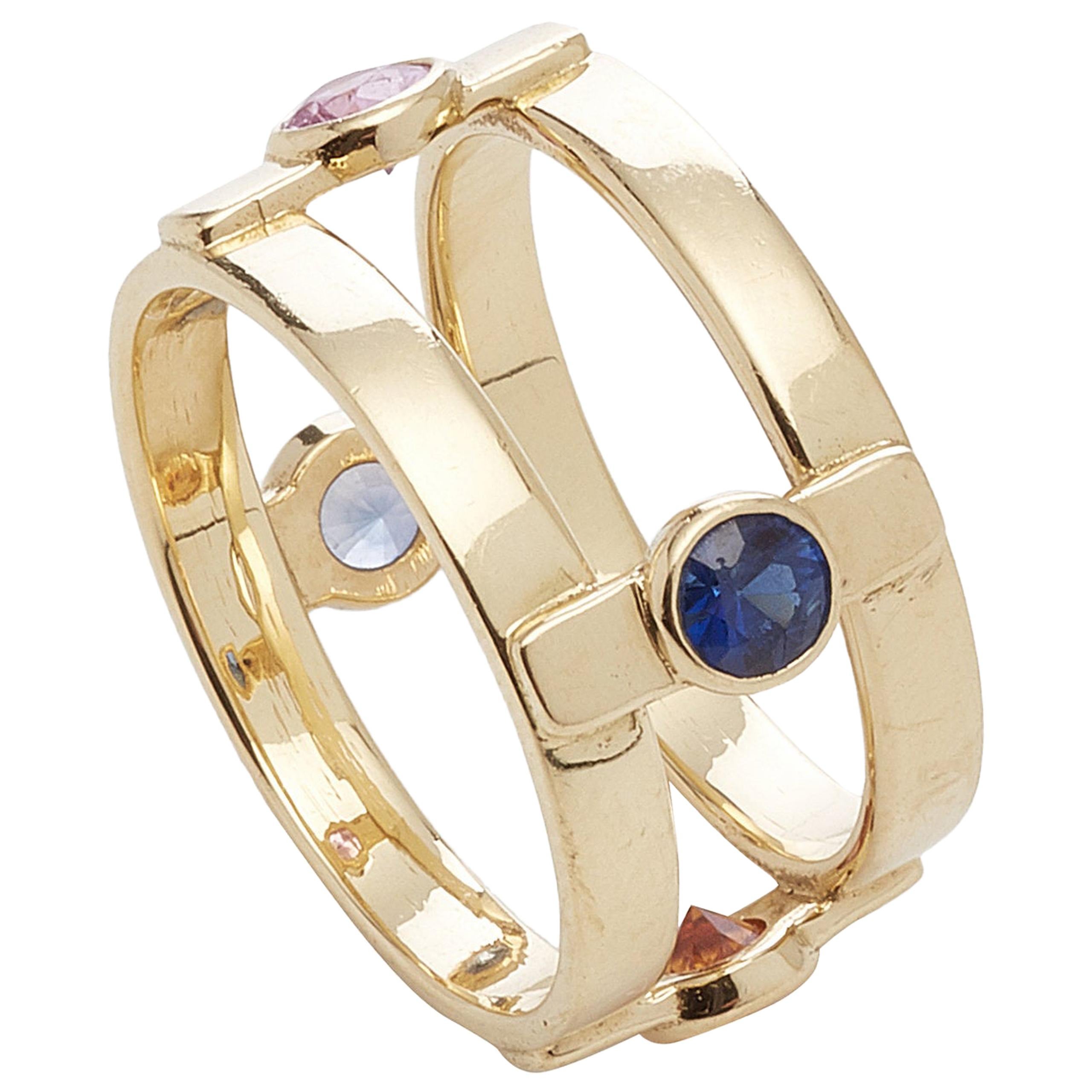 18 Karat Yellow Gold with 4 natural Multi-Color Sapphires Ring
