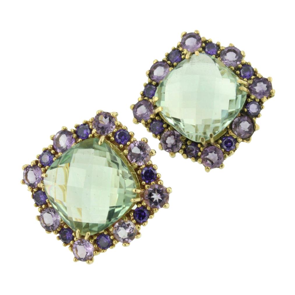 18 Karat Yellow Gold with Amethyst and Green Amethyst Earrings