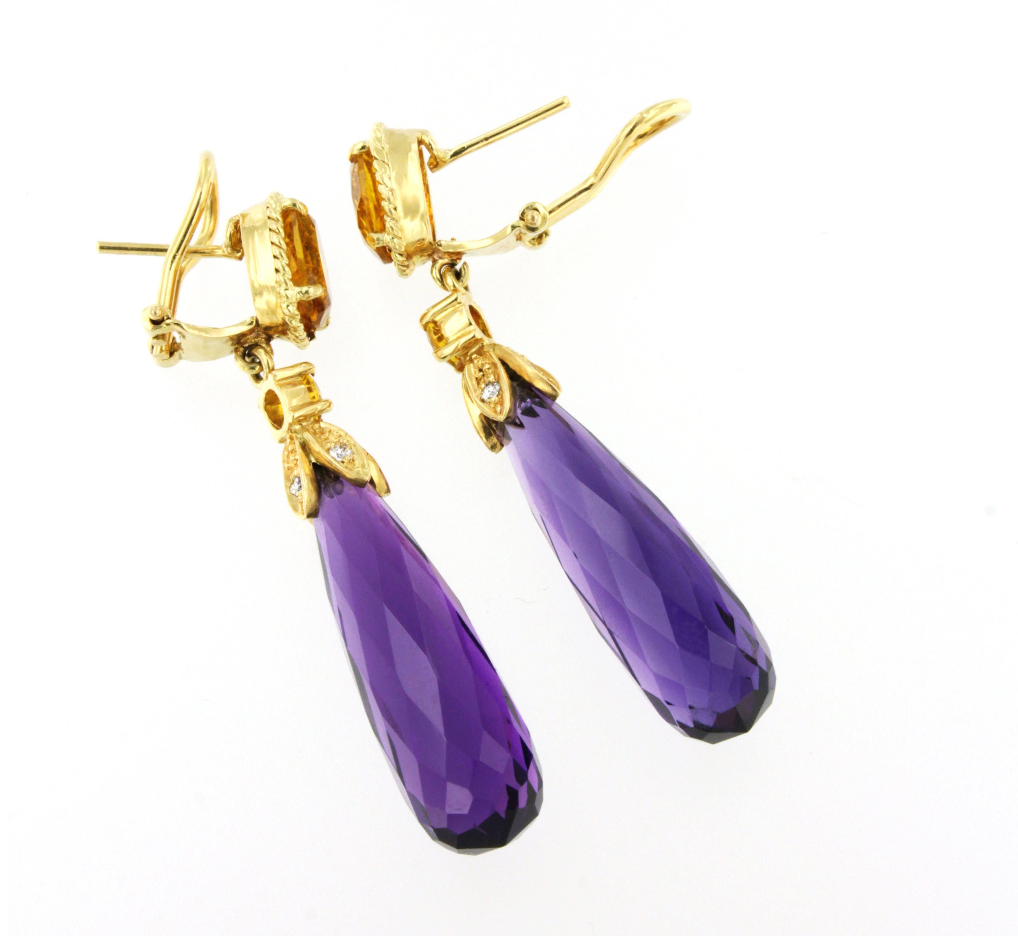 Modern 18 Karat Yellow Gold with Amethyst Citrine and White Diamonds Earrings For Sale