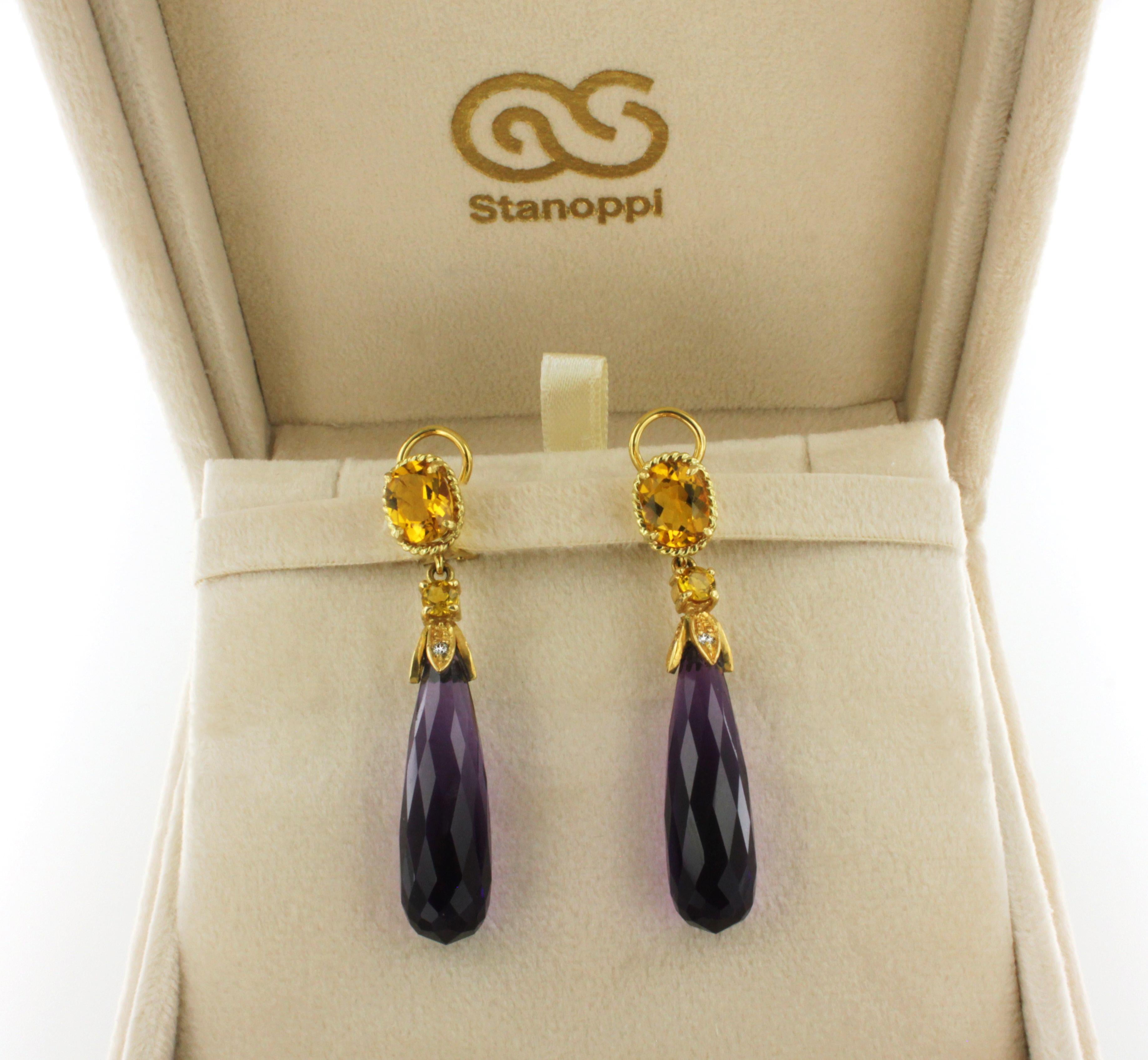 Oval Cut 18 Karat Yellow Gold with Amethyst Citrine and White Diamonds Earrings For Sale