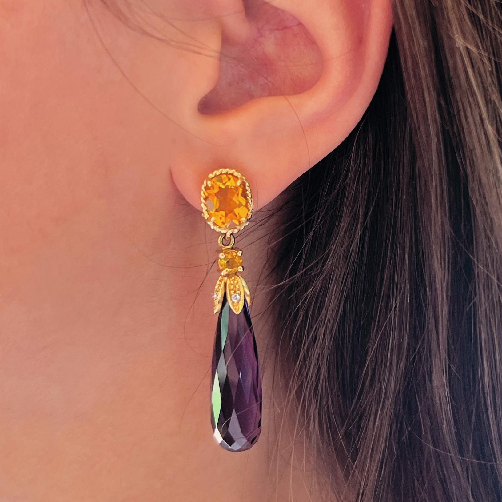 18 Karat Yellow Gold with Amethyst Citrine and White Diamonds Earrings In New Condition For Sale In GALLARATE, IT