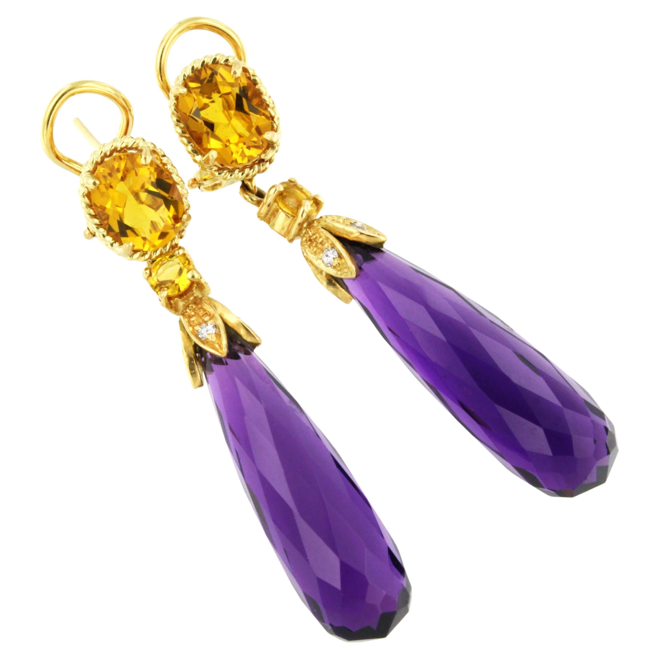 18 Karat Yellow Gold with Amethyst Citrine and White Diamonds Earrings For Sale