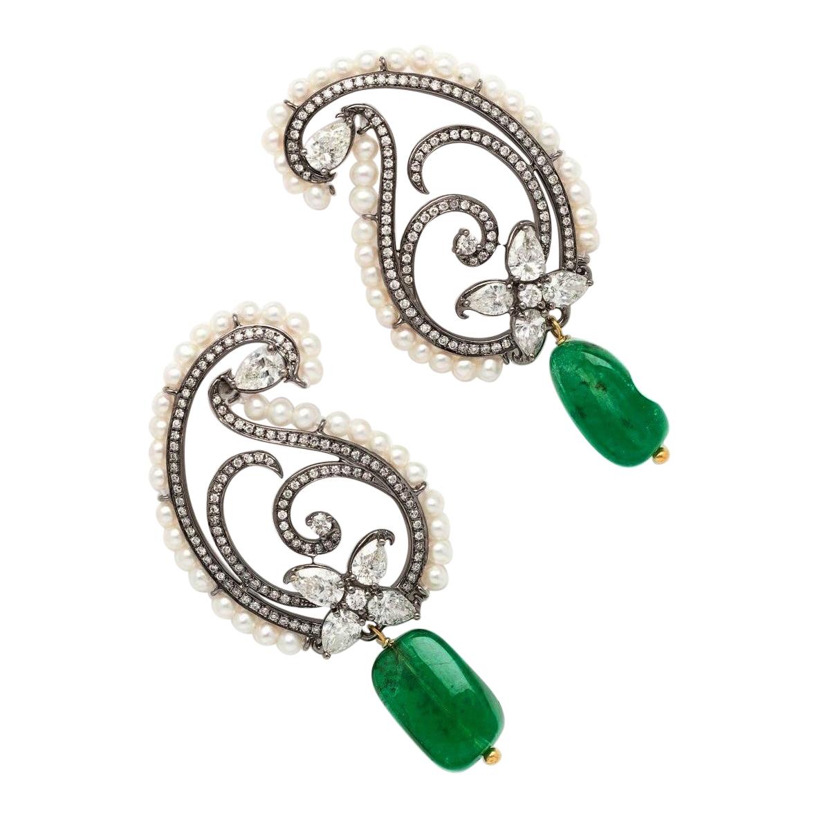 18 Karat Yellow Gold with Antique Plating, Diamond & Emerald Earrings For Sale