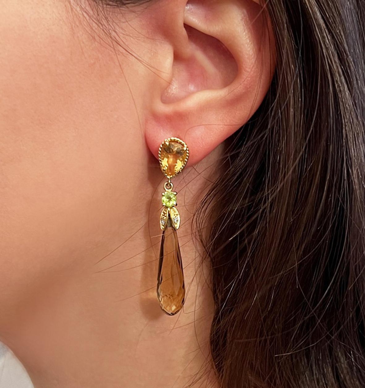 Modern 18 Karat Yellow Gold With Citrine Peridot and White Diamonds Classic Earrings For Sale