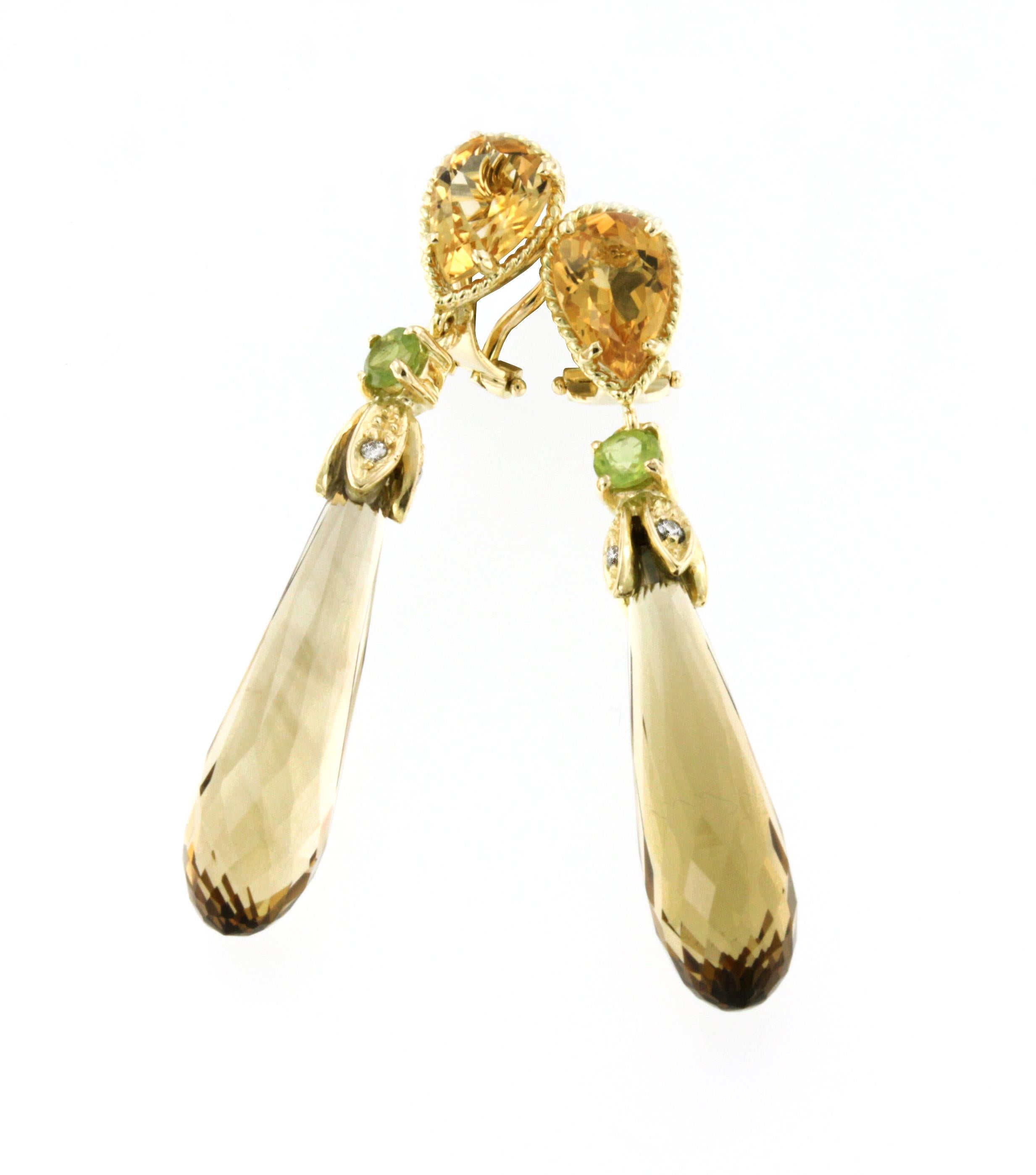 Mixed Cut 18 Karat Yellow Gold With Citrine Peridot and White Diamonds Classic Earrings For Sale
