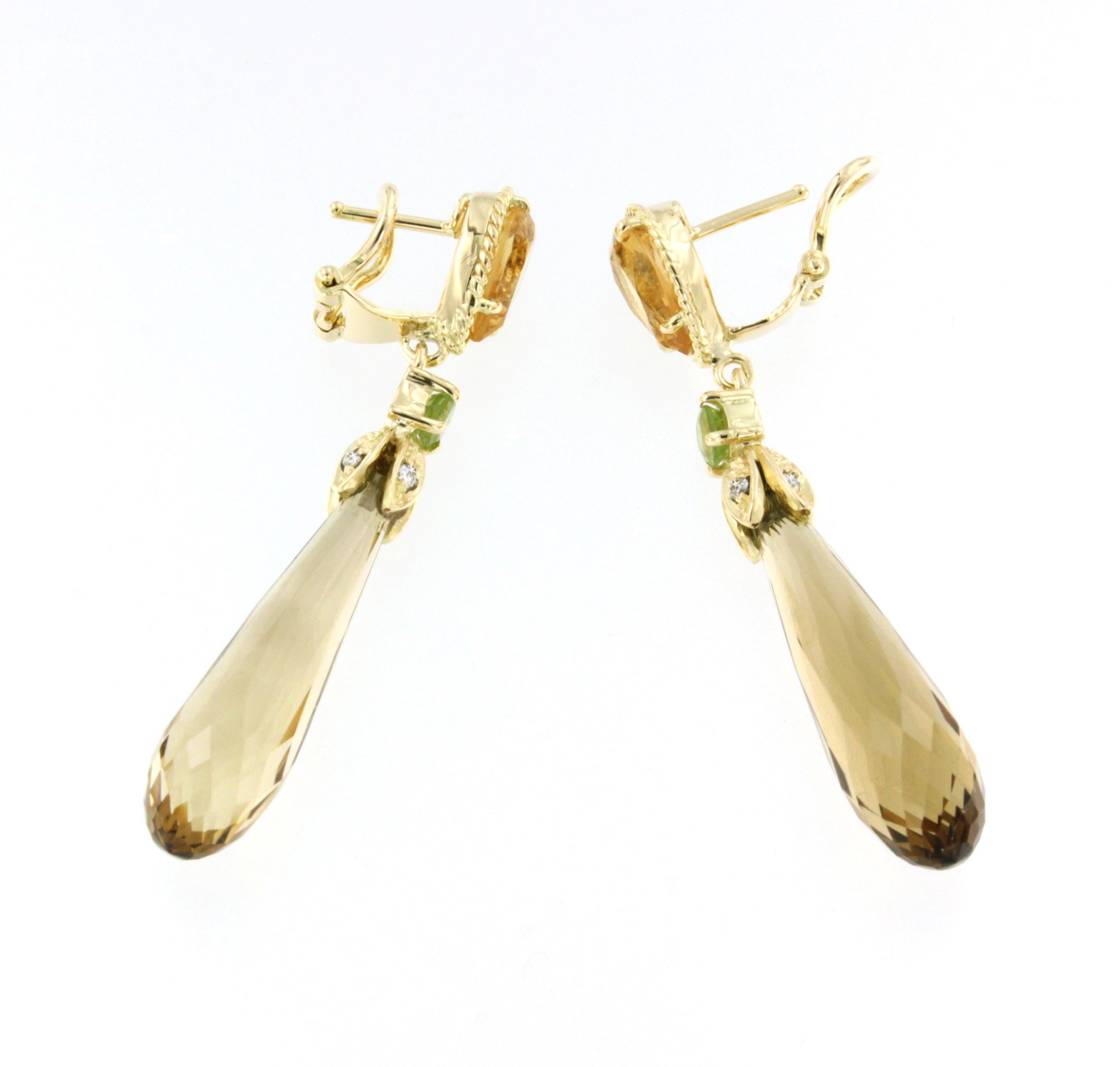 18 Karat Yellow Gold With Citrine Peridot and White Diamonds Classic Earrings In New Condition For Sale In GALLARATE, IT