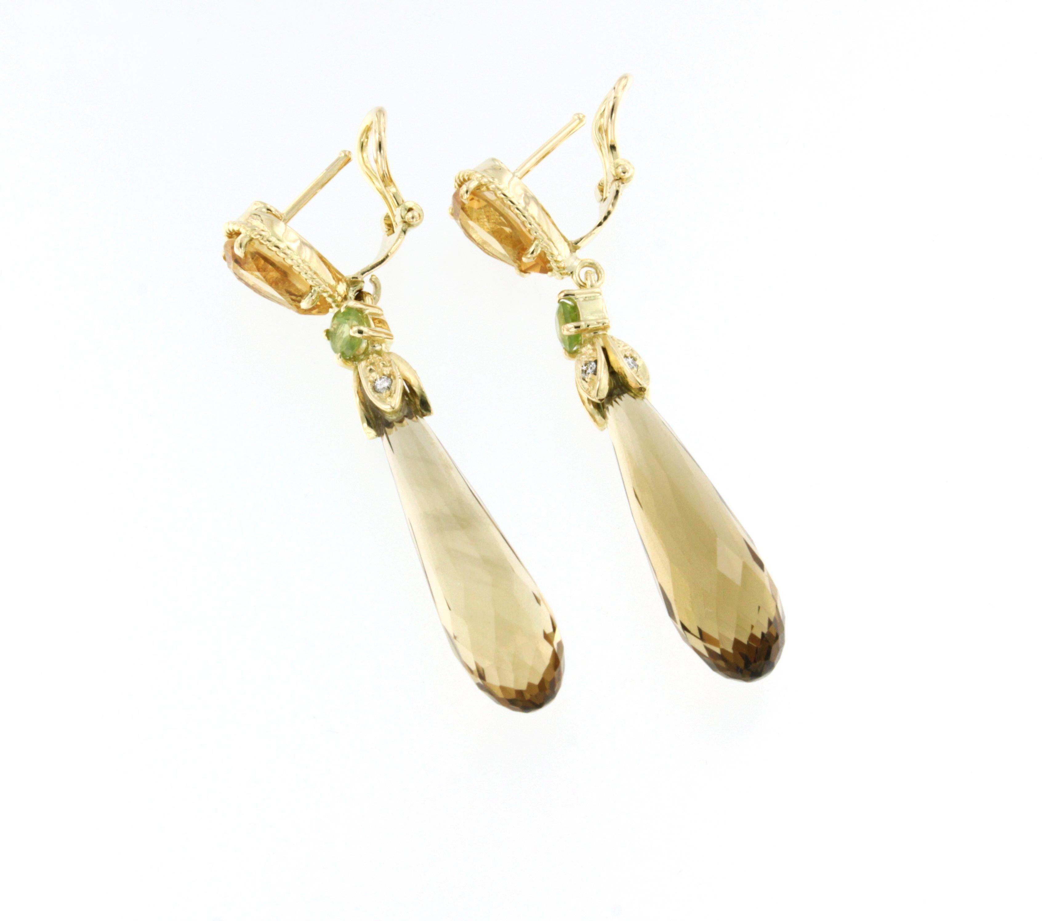Women's 18 Karat Yellow Gold With Citrine Peridot and White Diamonds Classic Earrings For Sale