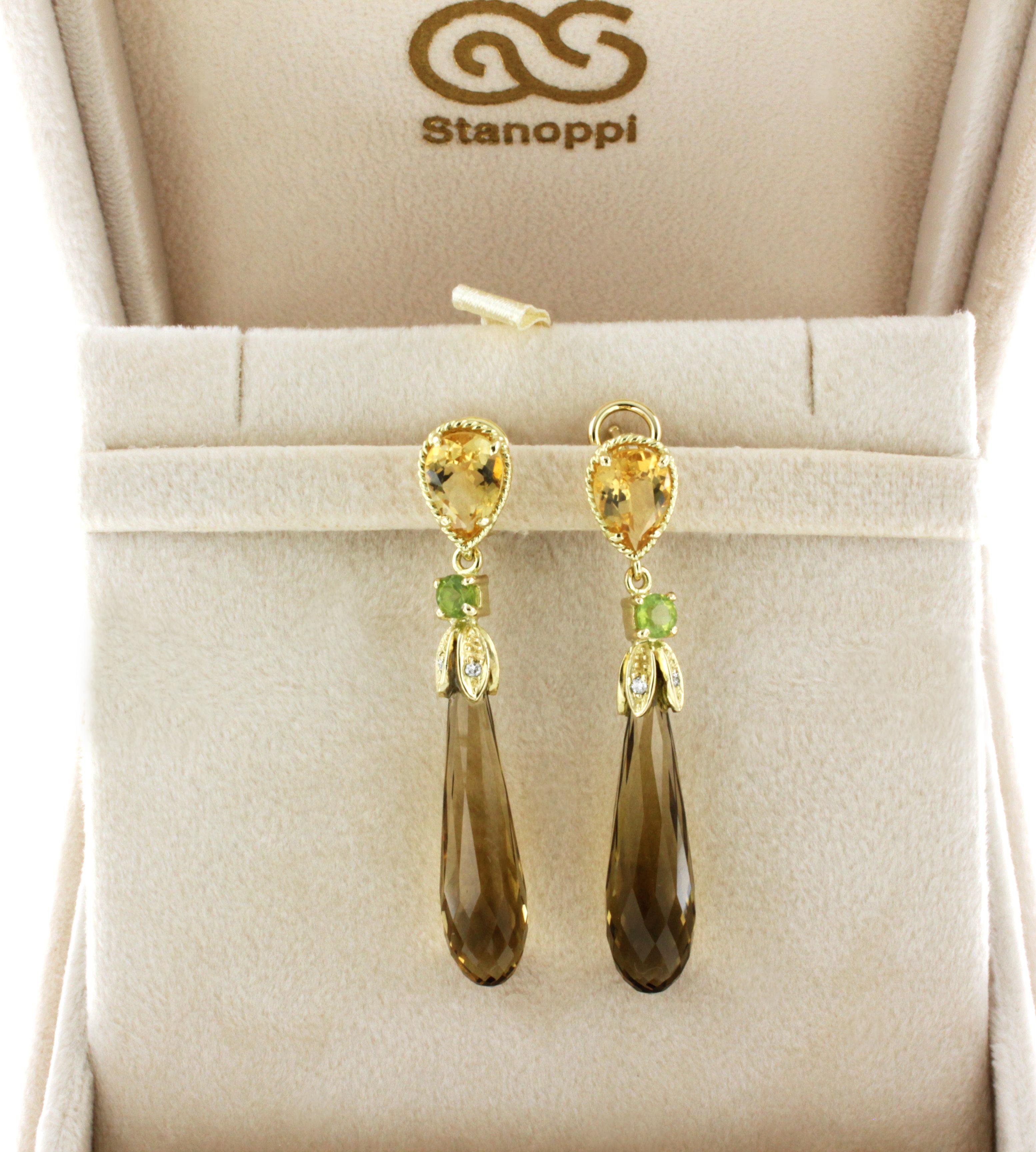 18 Karat Yellow Gold With Citrine Peridot and White Diamonds Classic Earrings For Sale 1
