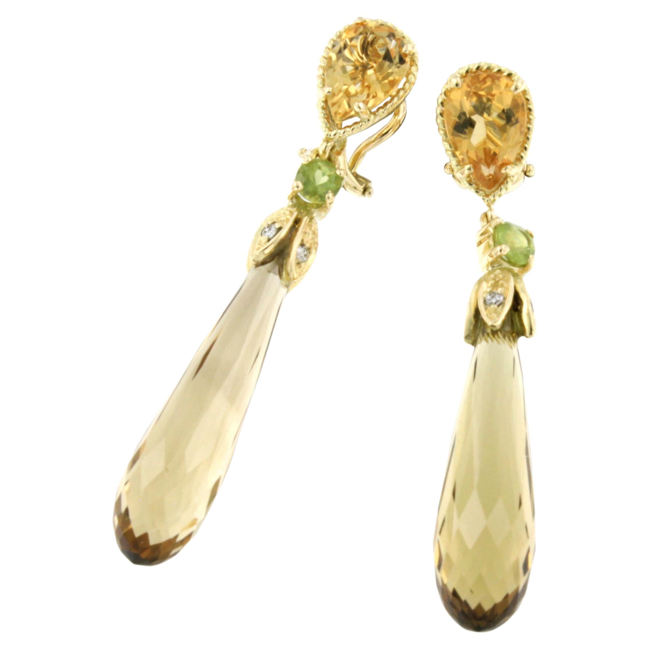 18 Karat Yellow Gold With Citrine Peridot and White Diamonds Classic Earrings