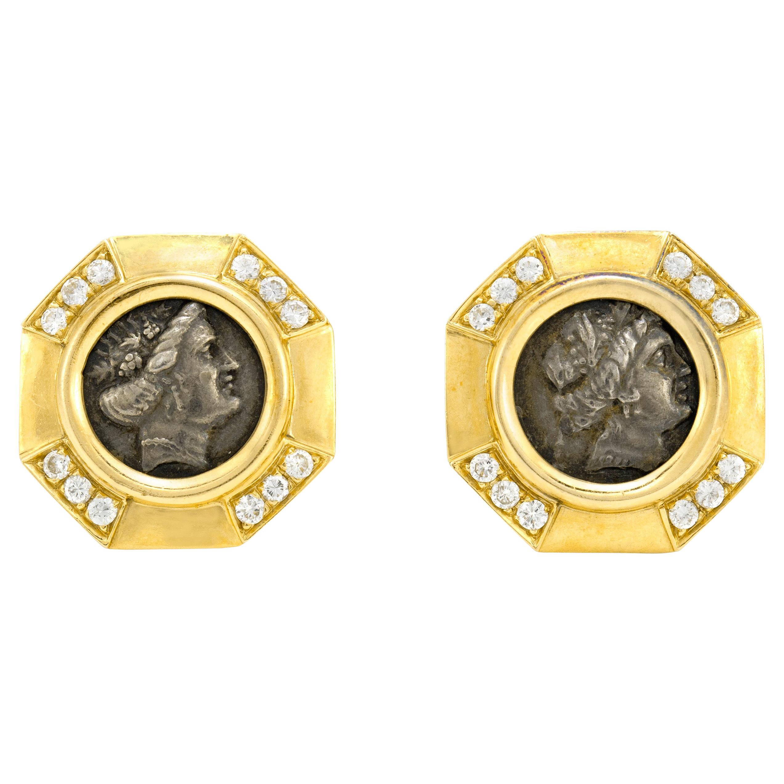 18 Karat Yellow Gold With Coin as Center Stone Earrings