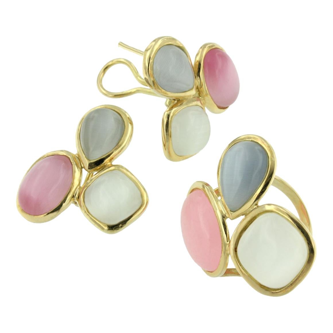 18 Karat Yellow Gold with Colored Moonstone Ring Earrings and Pendant Set For Sale