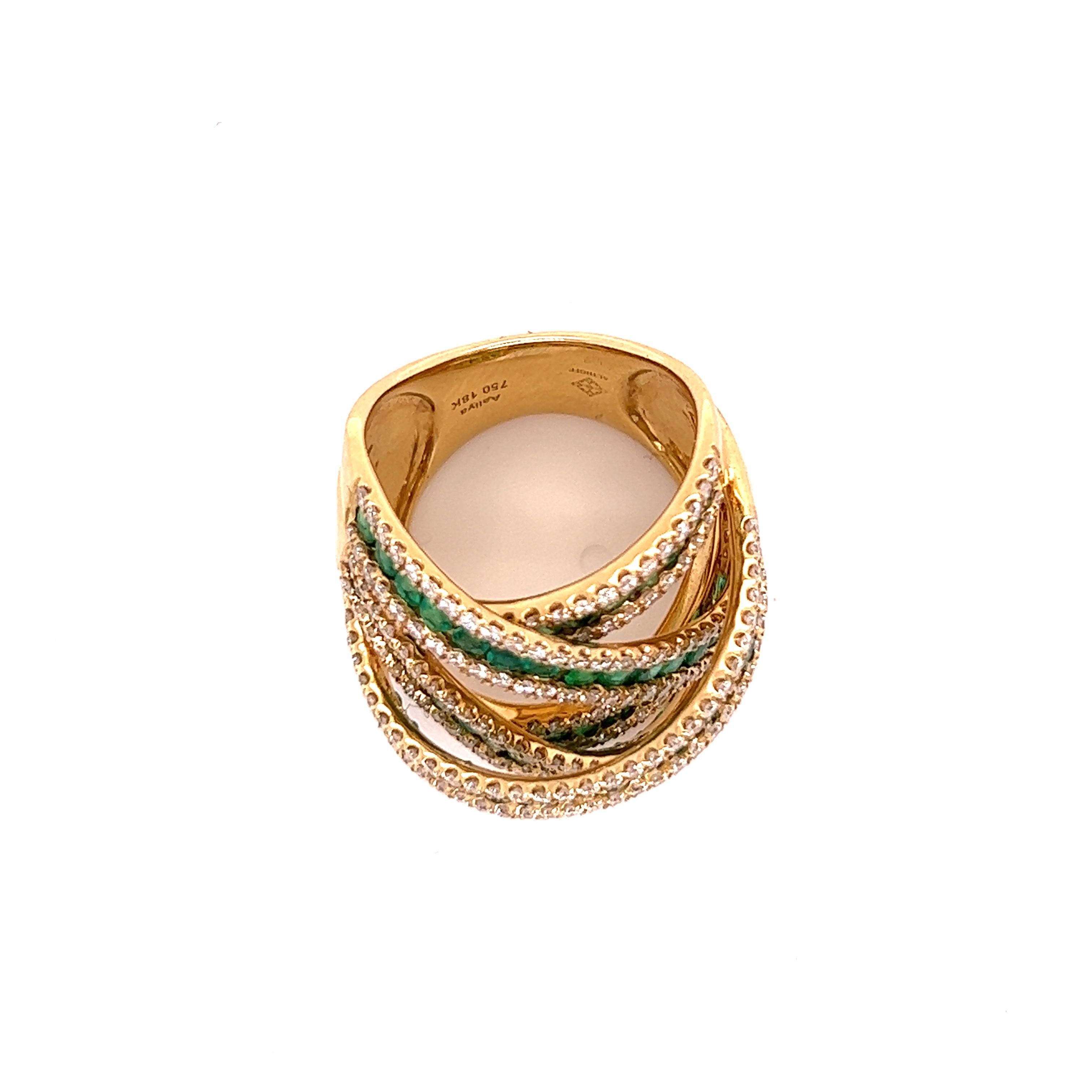 Modern 18 Karat Yellow Gold with Diamonds and Emeralds De Grisogono Inspired Style Ring For Sale