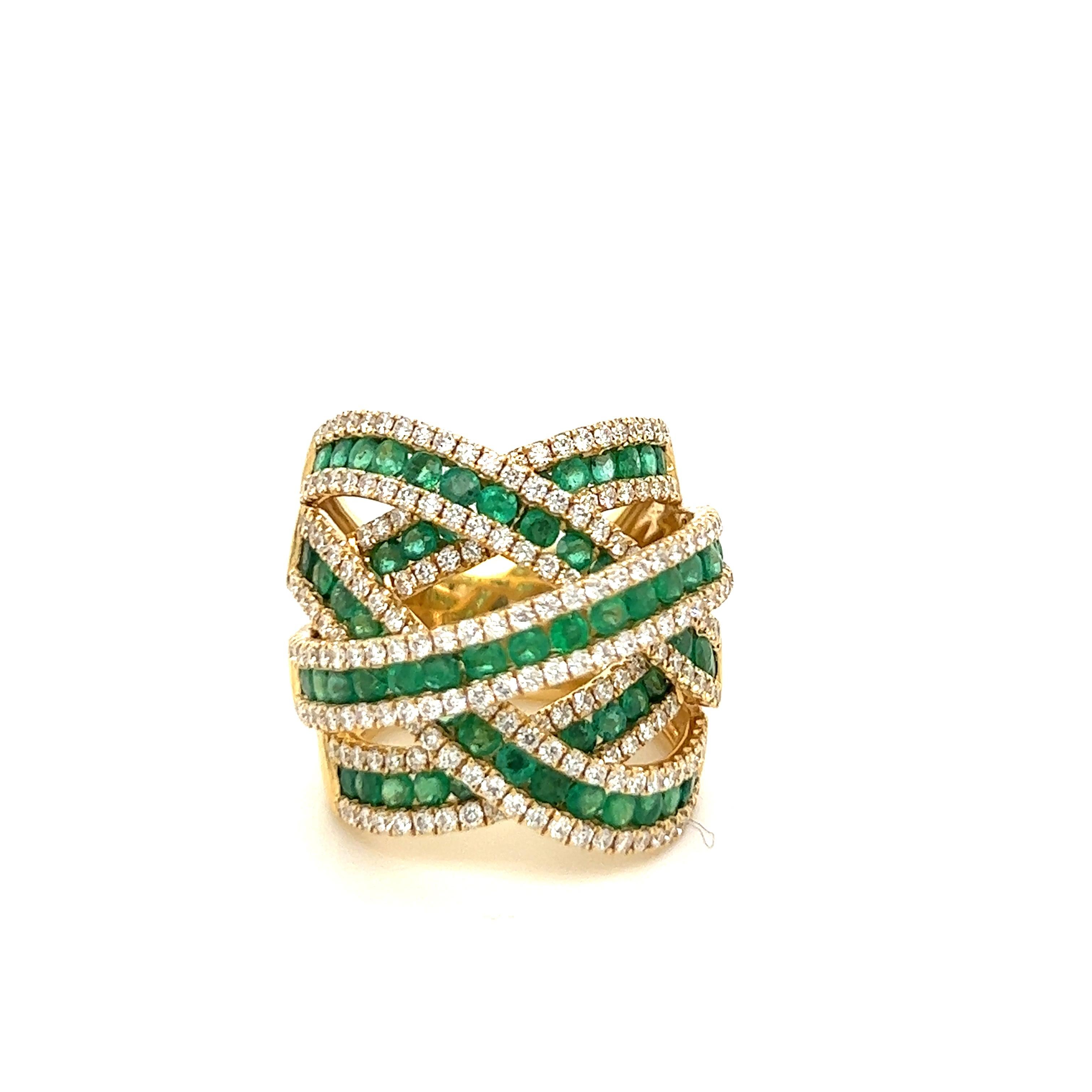 Round Cut 18 Karat Yellow Gold with Diamonds and Emeralds De Grisogono Inspired Style Ring For Sale
