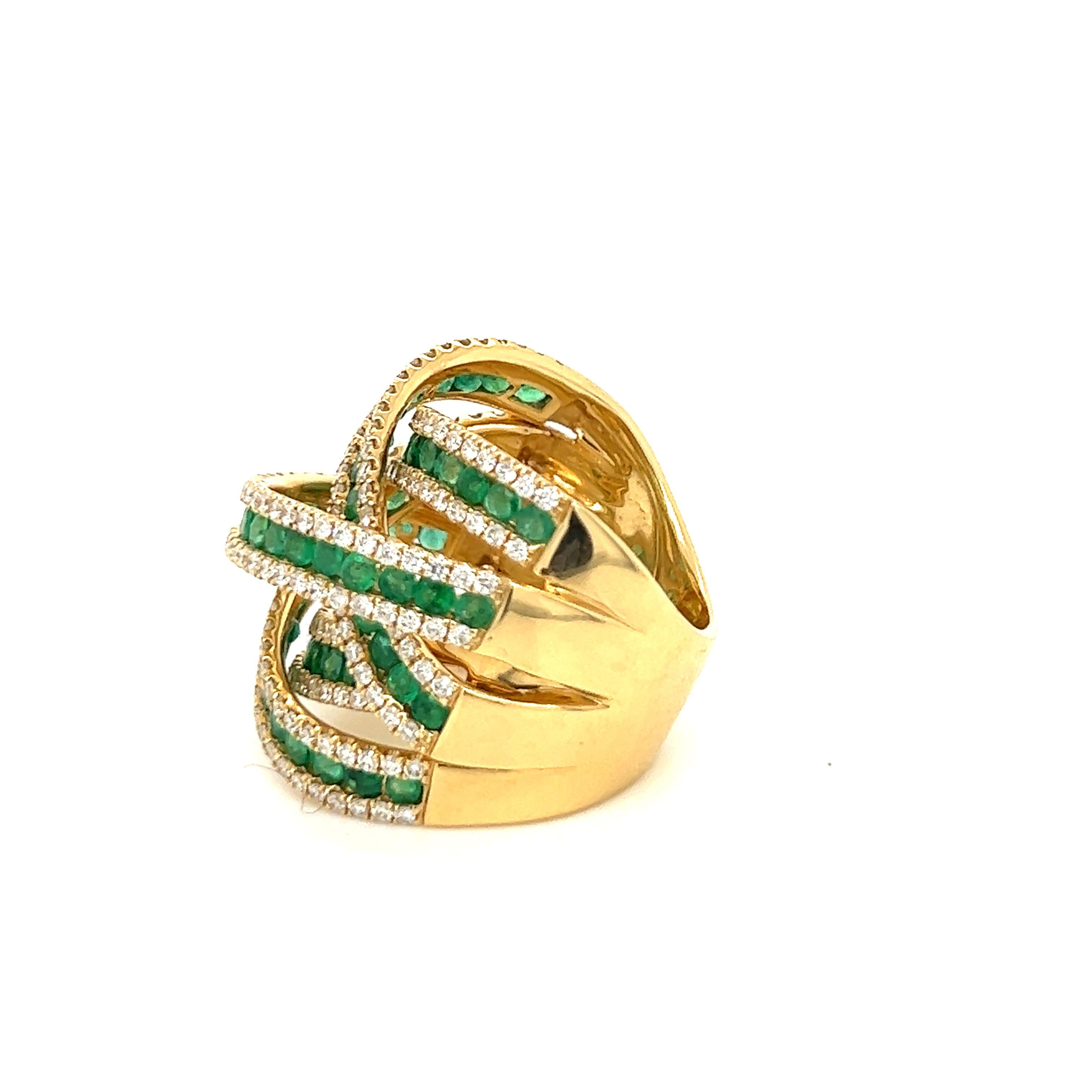 Women's or Men's 18 Karat Yellow Gold with Diamonds and Emeralds De Grisogono Inspired Style Ring For Sale