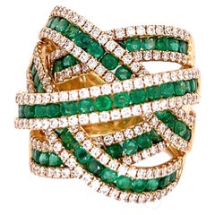 18 Karat Yellow Gold with Diamonds and Emeralds De Grisogono Inspired Style Ring