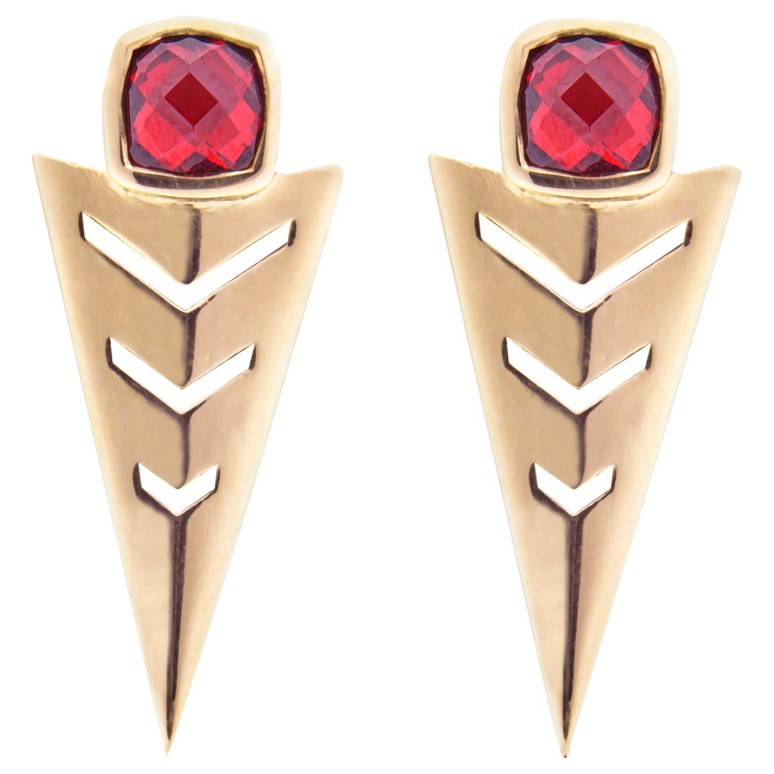 18 Karat Yellow Gold with Garnet Cushion Cut Sign Earrings.Sustainable Fine Jewe For Sale