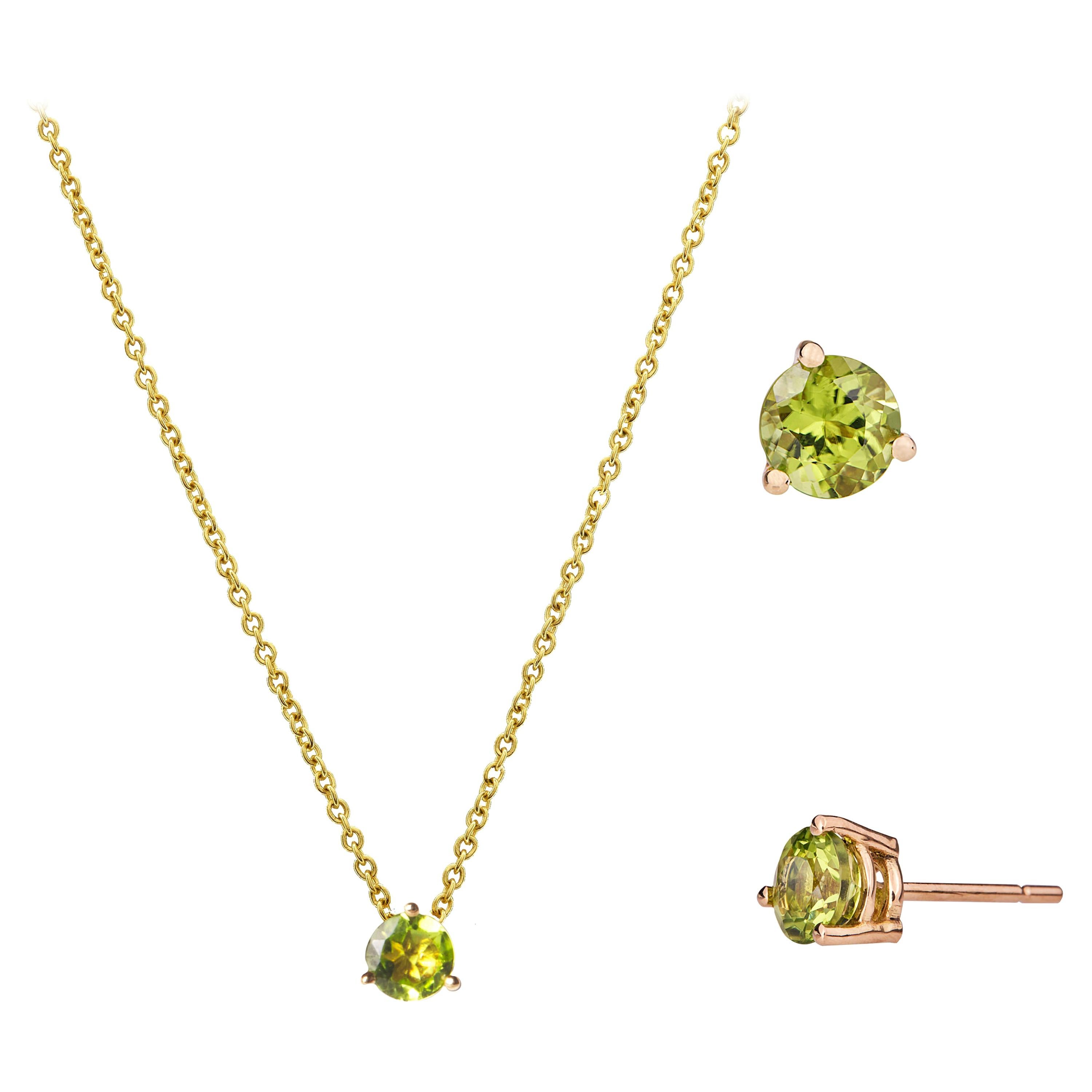 18 Karat Recycled Yellow Gold Green Peridot Round Cut Earrings and Necklace Set For Sale