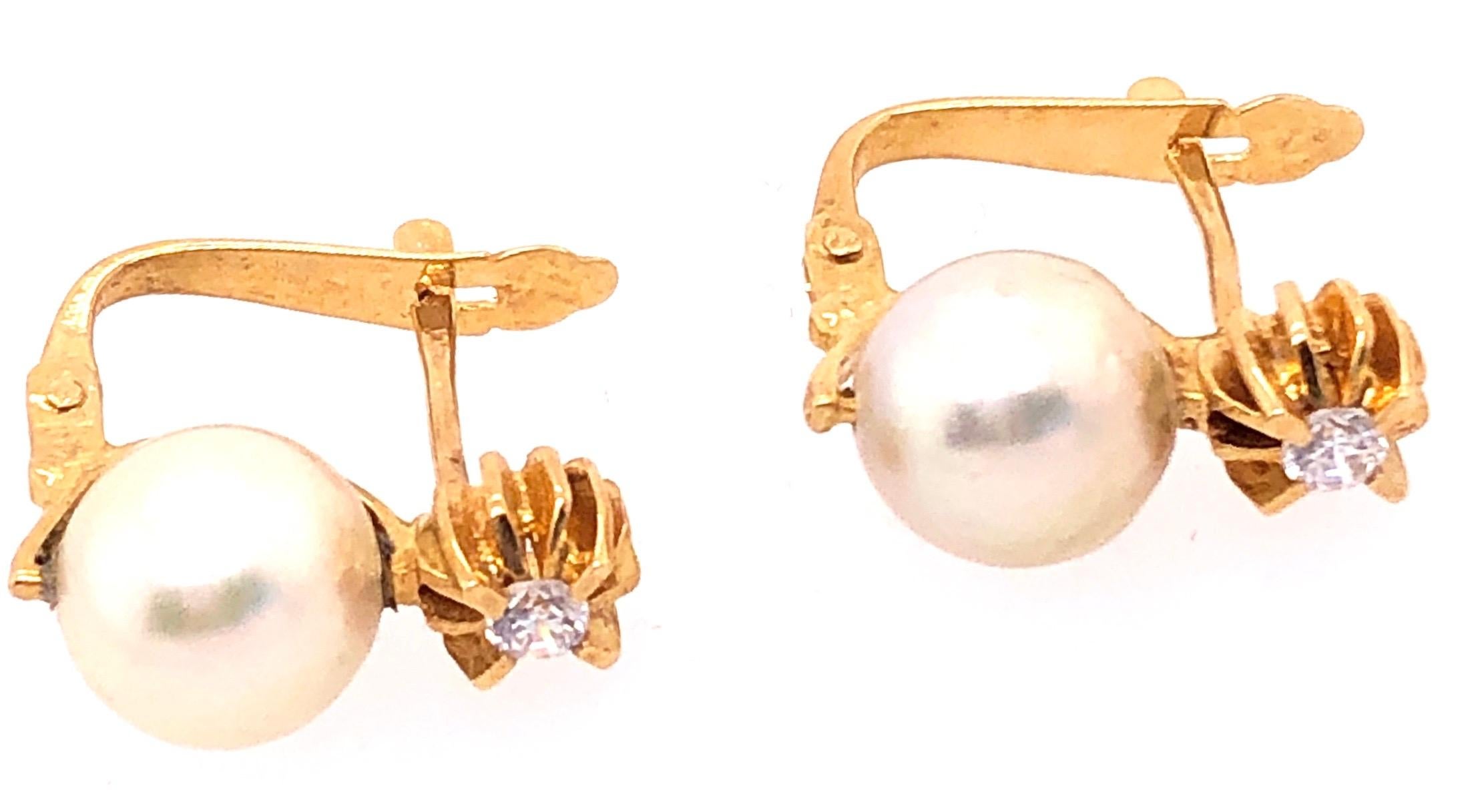 Modern 18 Karat Yellow Gold with Platinum Lever Back Pearl Earrings For Sale