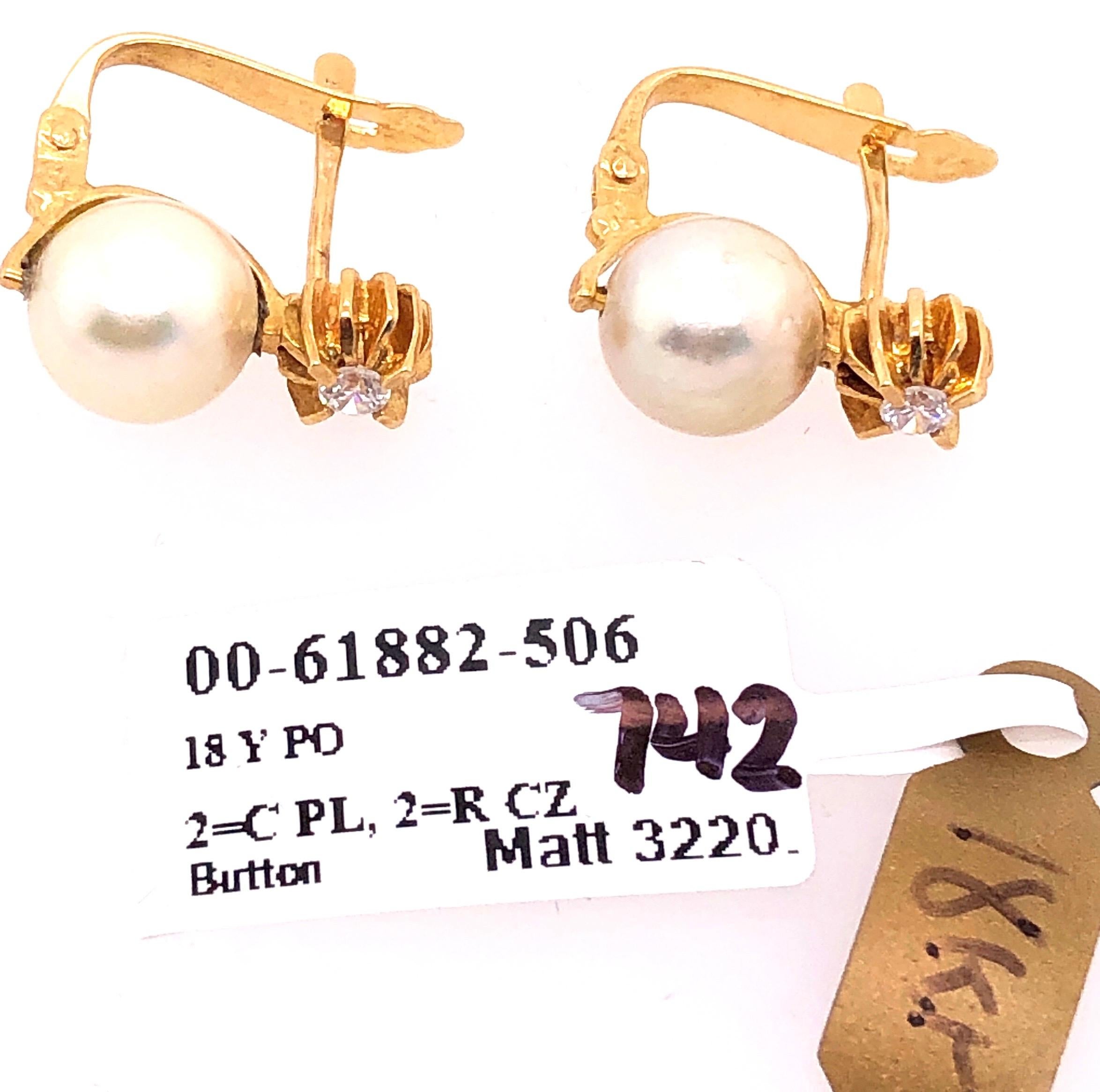 Round Cut 18 Karat Yellow Gold with Platinum Lever Back Pearl Earrings For Sale
