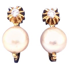 18 Karat Yellow Gold with Platinum Lever Back Pearl Earrings