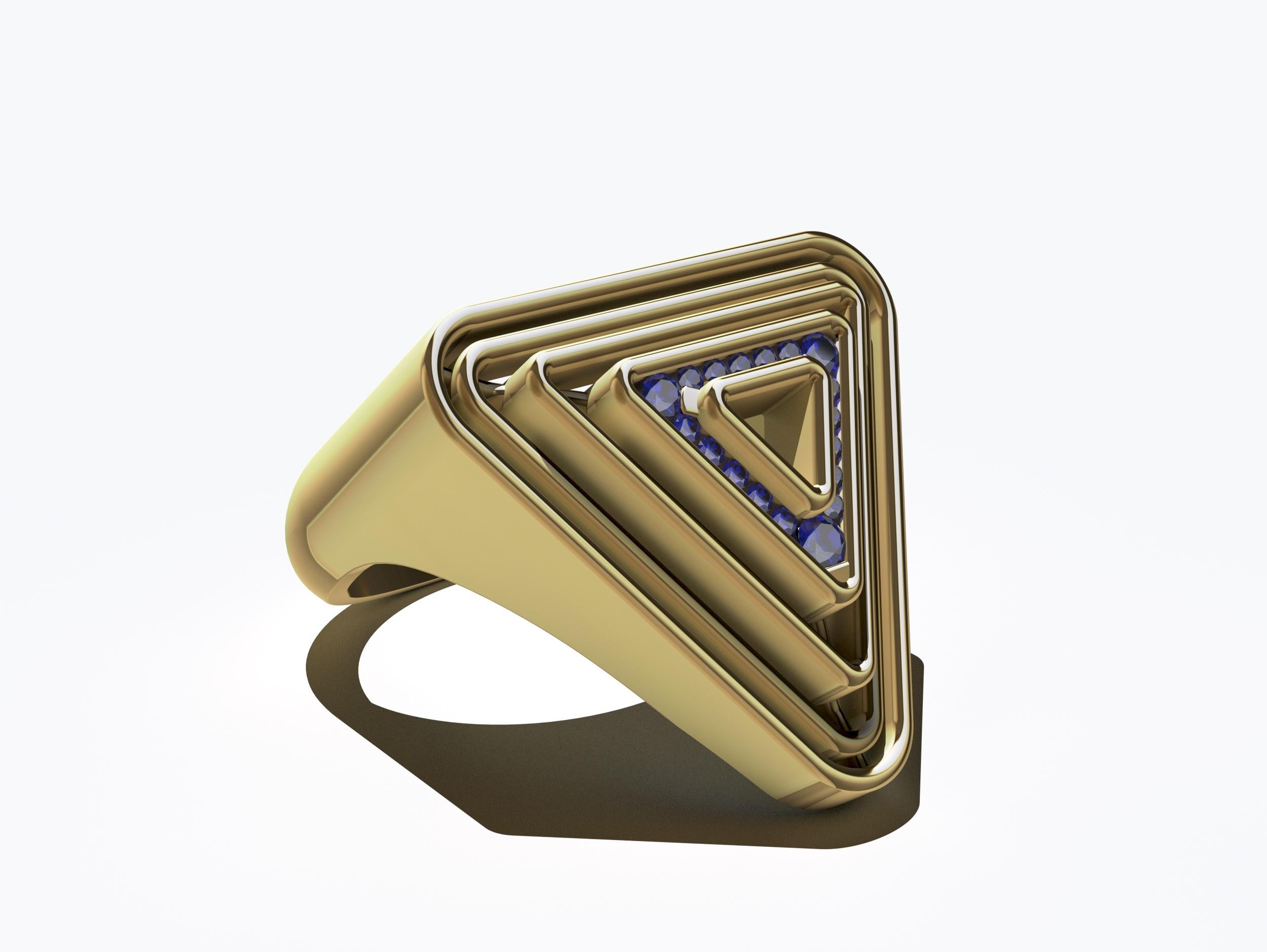 For Sale:  18 Karat Yellow Gold with Sapphires Soft Triangle Pyramid Ring 9
