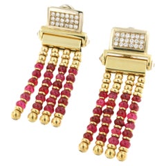 18 Karat Yellow Gold with White Diamond and Red Spinel Modern Earrings
