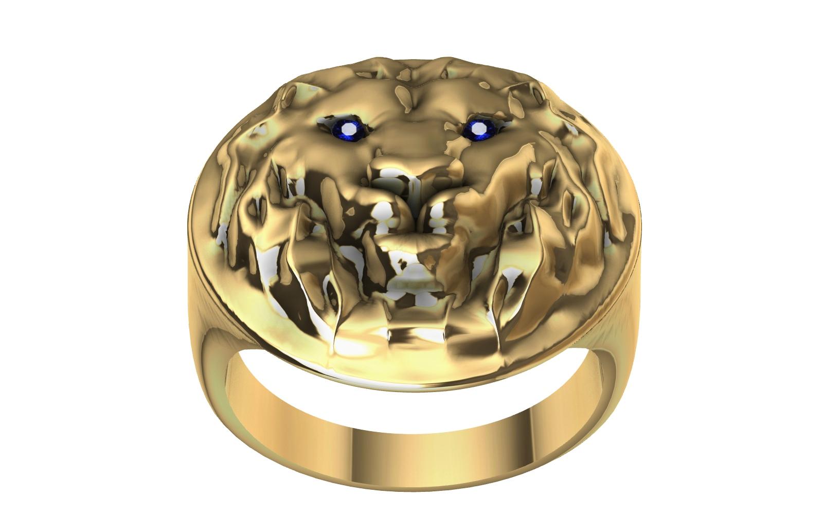 For Sale:  18 Karat Yellow Gold Womens Leo Lion with Sapphire Eyes Signet Ring 10