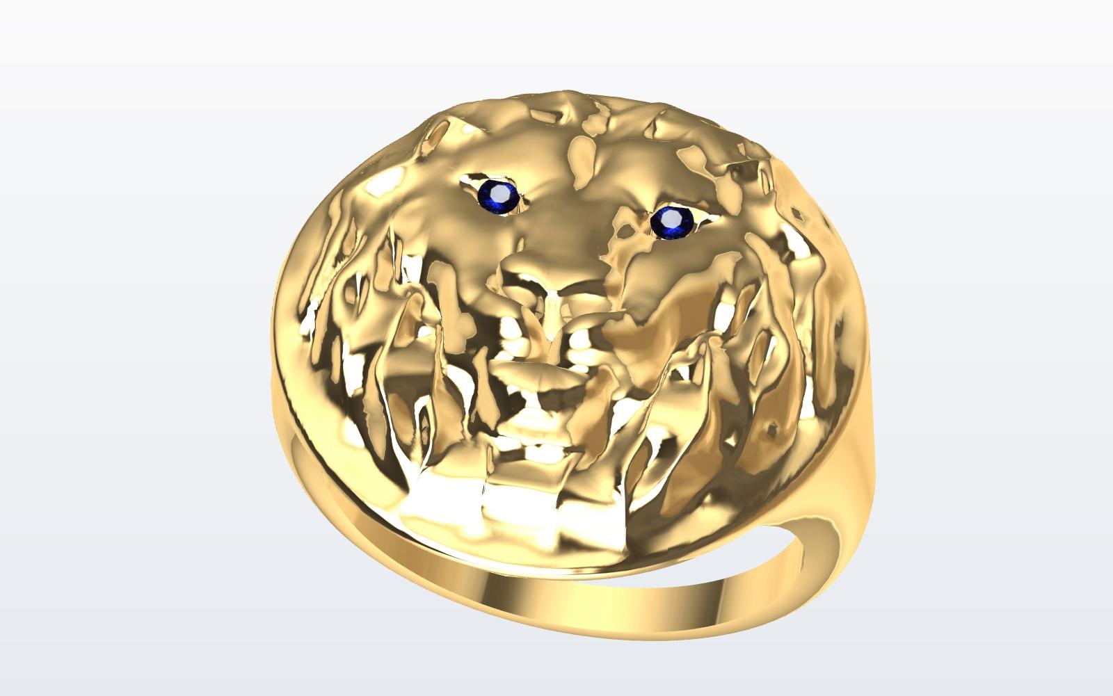 For Sale:  18 Karat Yellow Gold Womens Leo Lion with Sapphire Eyes Signet Ring 13