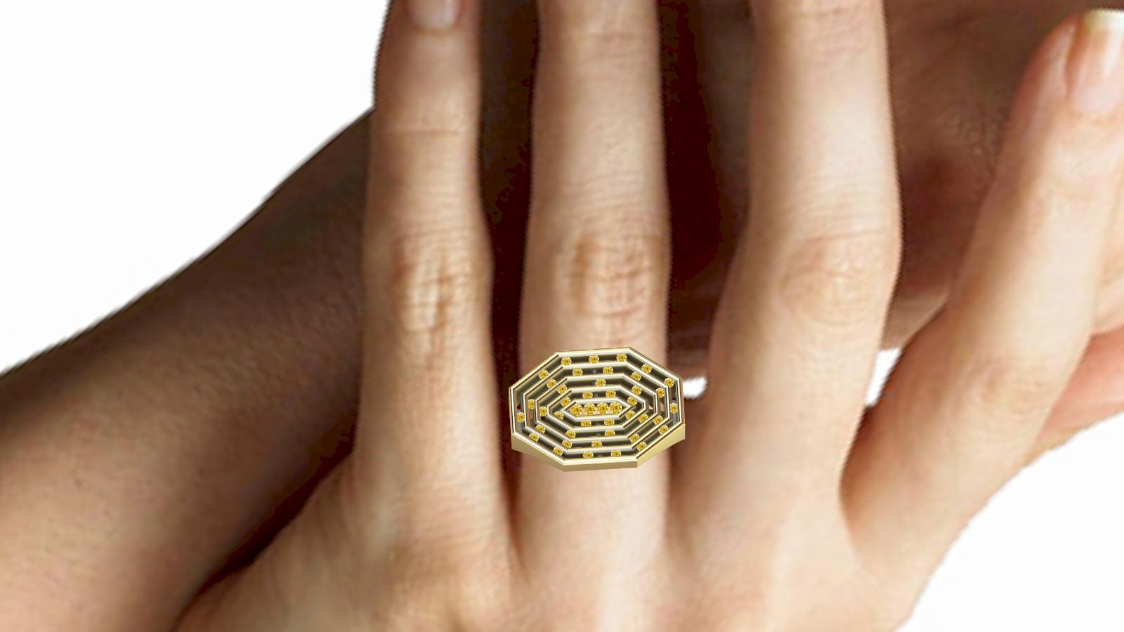 For Sale:  18 Karat Yellow Gold Womens Natural Yellow Diamonds Octagonal Sculpture Ring 5