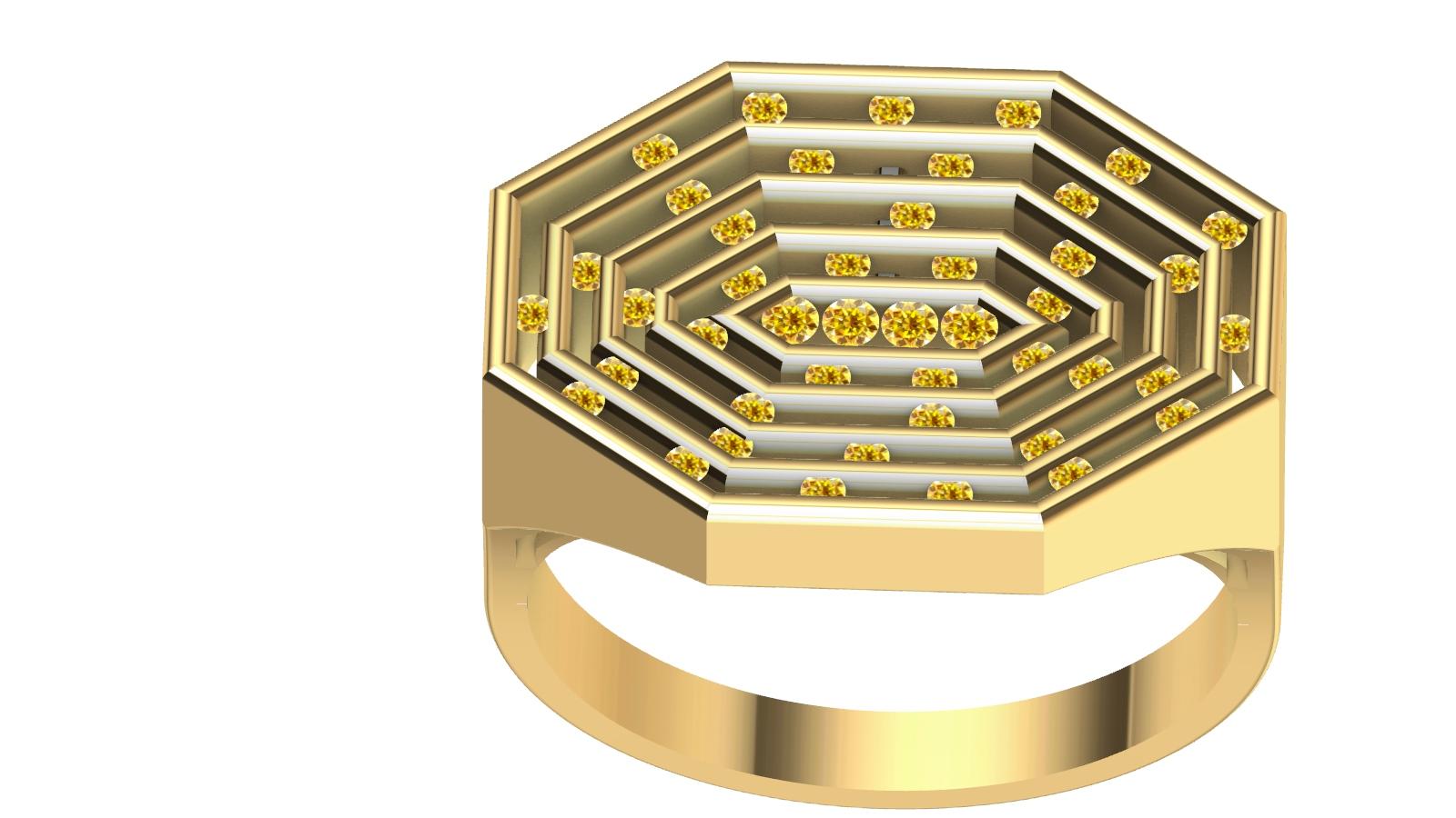 For Sale:  18 Karat Yellow Gold Womens Natural Yellow Diamonds Octagonal Sculpture Ring 6