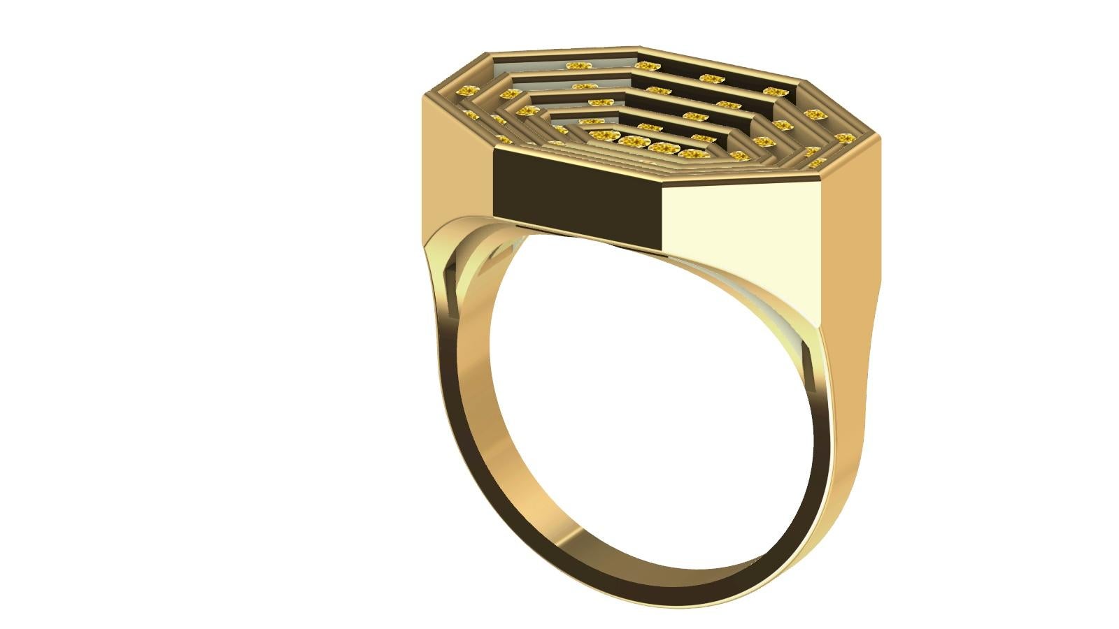 For Sale:  18 Karat Yellow Gold Womens Natural Yellow Diamonds Octagonal Sculpture Ring 7