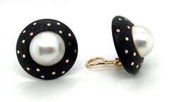 18 Karat Yellow Gold Wood and Mabe Pearl Earrings