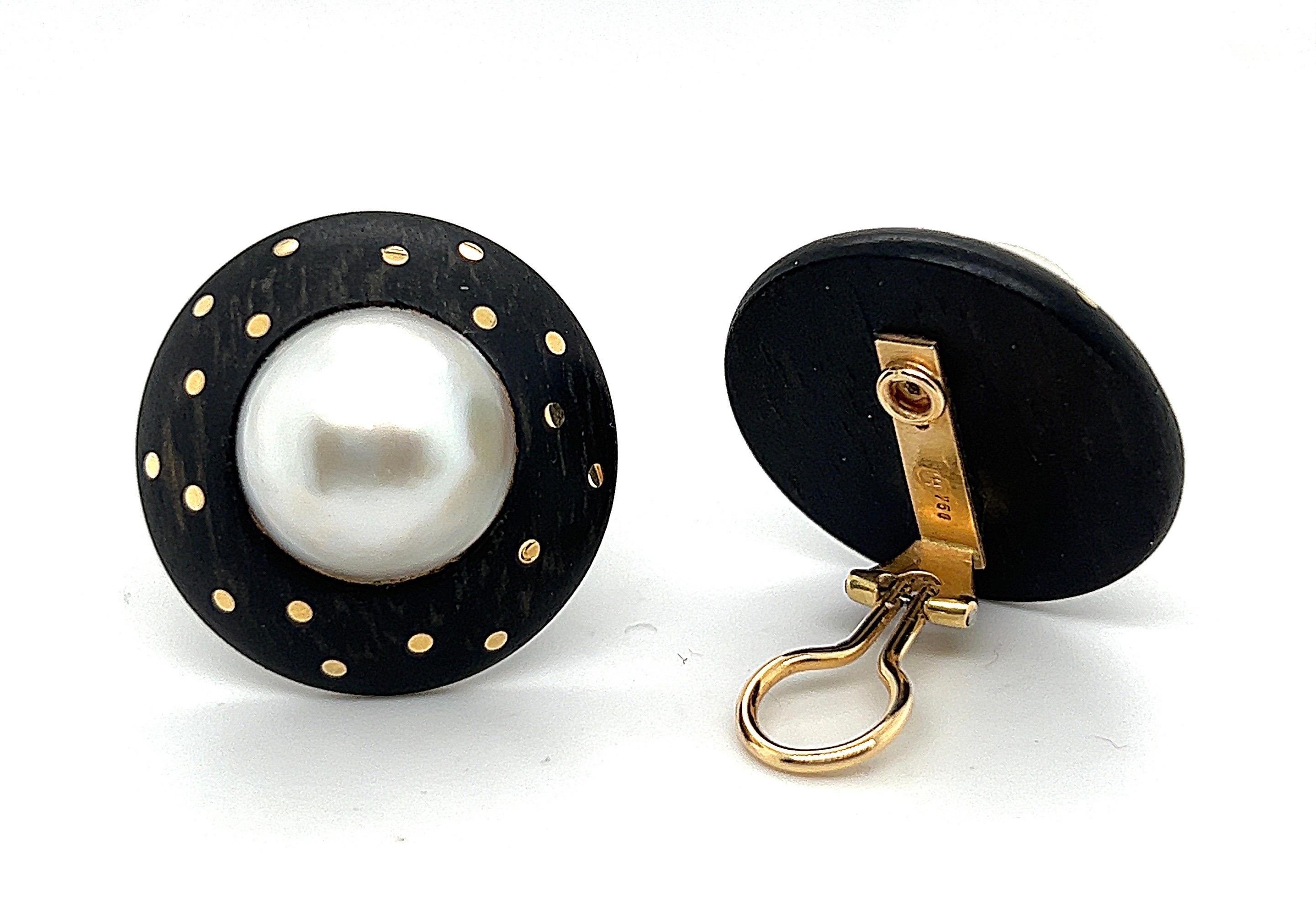Modern 18 Karat Yellow Gold Wood and Mabe Pearl Earrings For Sale