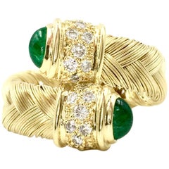 18 Karat Yellow Gold Woven Bypass Ring with Emeralds and Diamonds 18 Karat Yellow Gold Woven Bypass Ring with Emeralds and Diamonds