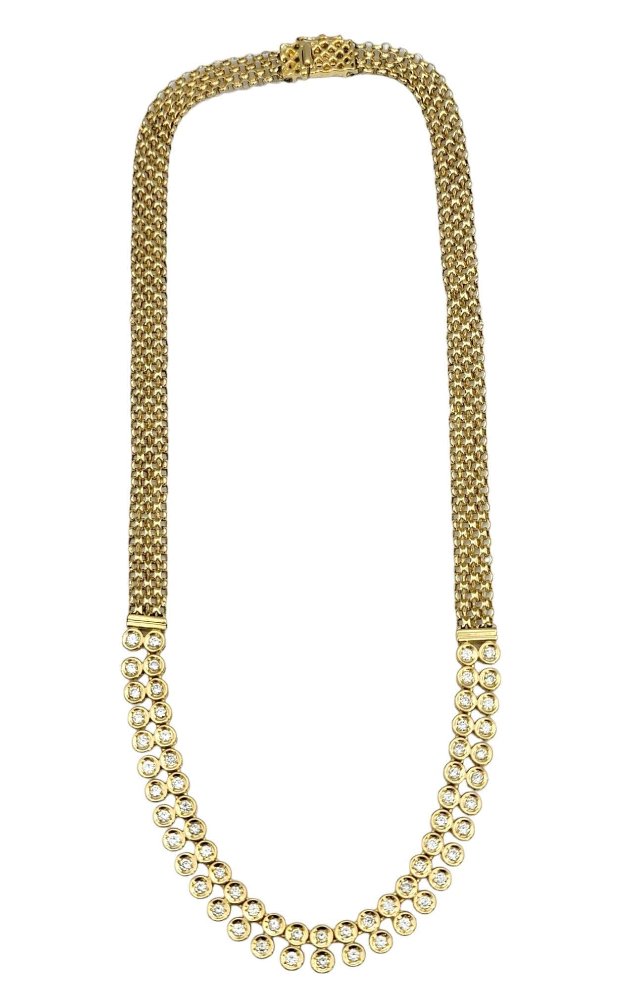 Round Cut 18 Karat Yellow Gold Woven Link Necklace with Bezel Set Diamond Circle Motif  For Sale