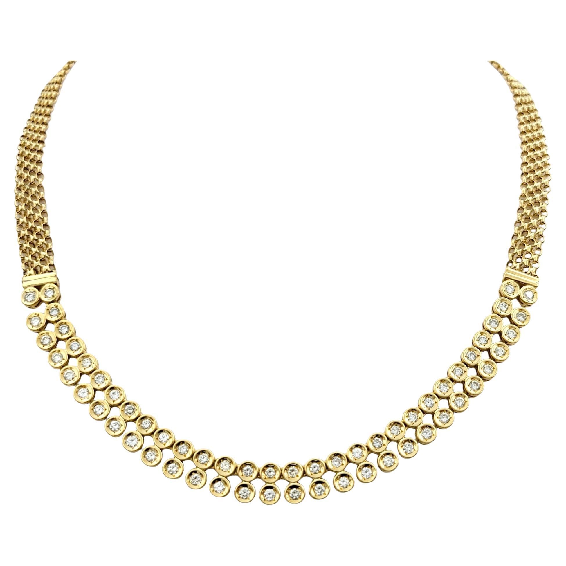 18 Karat Yellow Gold Woven Link Necklace with Bezel Set Diamond Circle Motif  For Sale