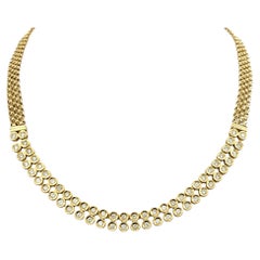 18 Karat Yellow Gold Woven Link Necklace with Bezel Set Diamond Circle Motif 