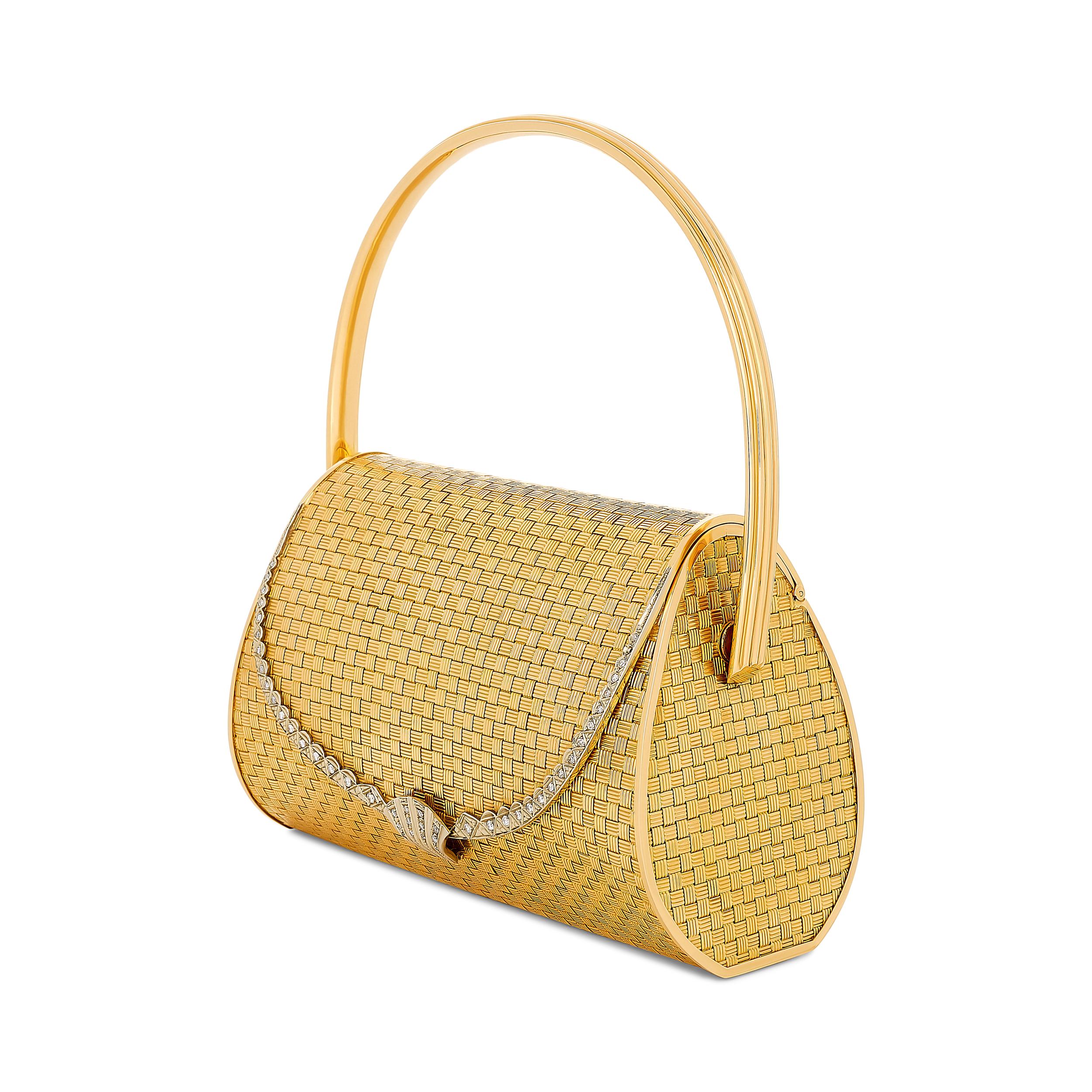 Bolso Clutch de Oro Amarillo de 18 Kilates con Textura Tejida y Acentos de Diamantes en Excelente estado para la venta en Philadelphia, PA