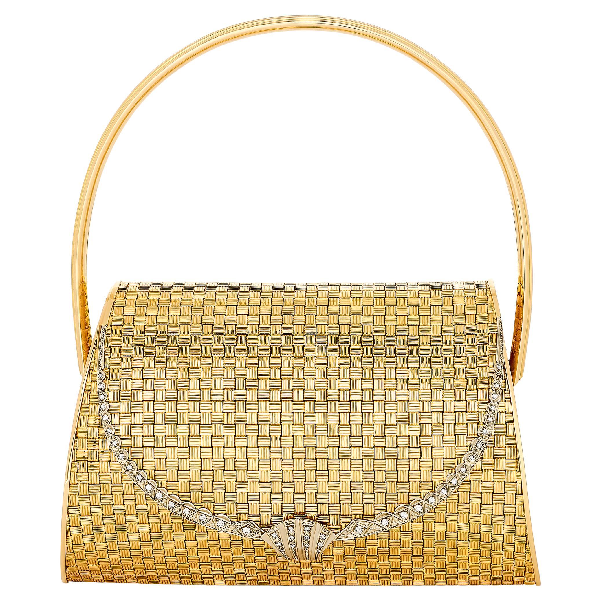 Bolso Clutch de Oro Amarillo de 18 Kilates con Textura Tejida y Acentos de Diamantes en venta