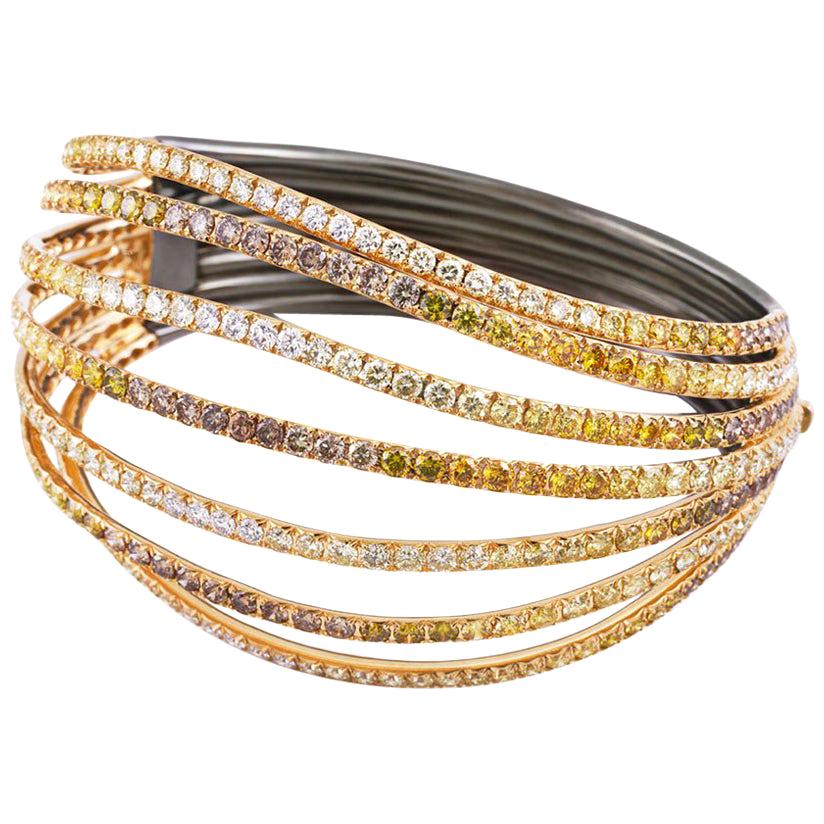 AENEA Bracelet jonc en or jaune 18 carats avec diamants jaunes, bruns et blancs de fantaisie