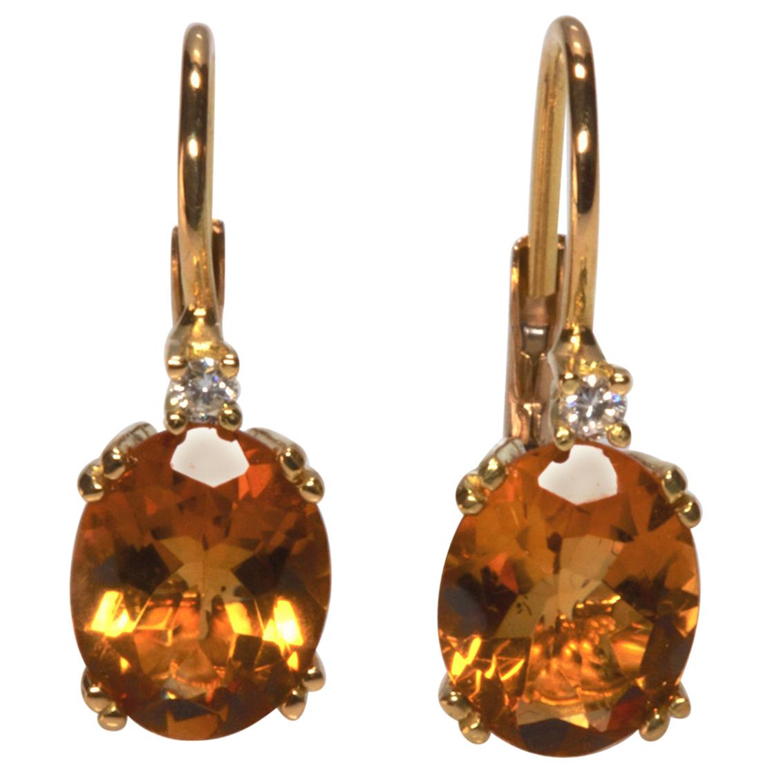 18 Karat Yellow Gold Yellow Oval Citrine and Diamond Earrings For Sale