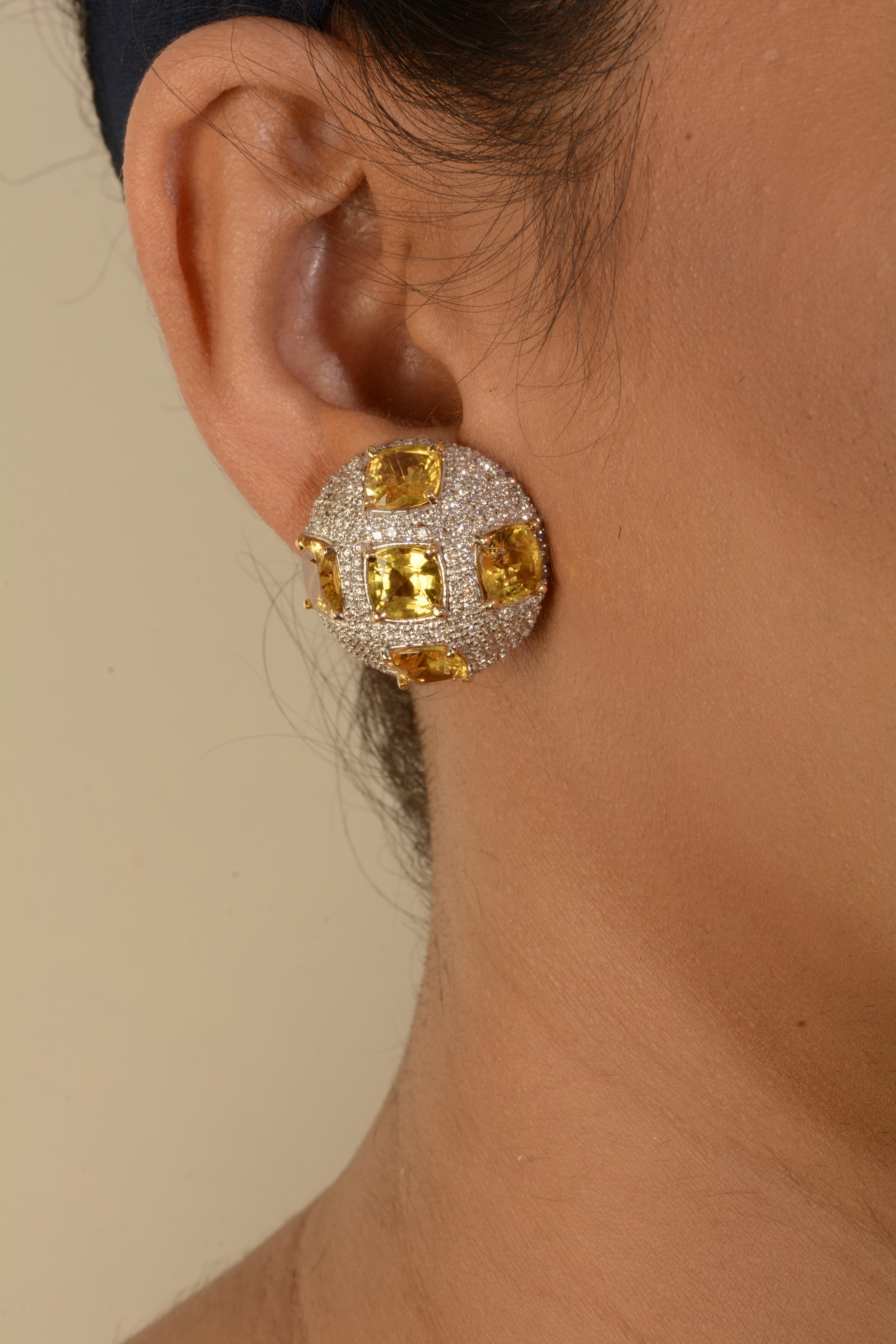 Contemporary 18 Karat Yellow Gold Yellow Sapphire and Diamond Stud Earrings For Sale