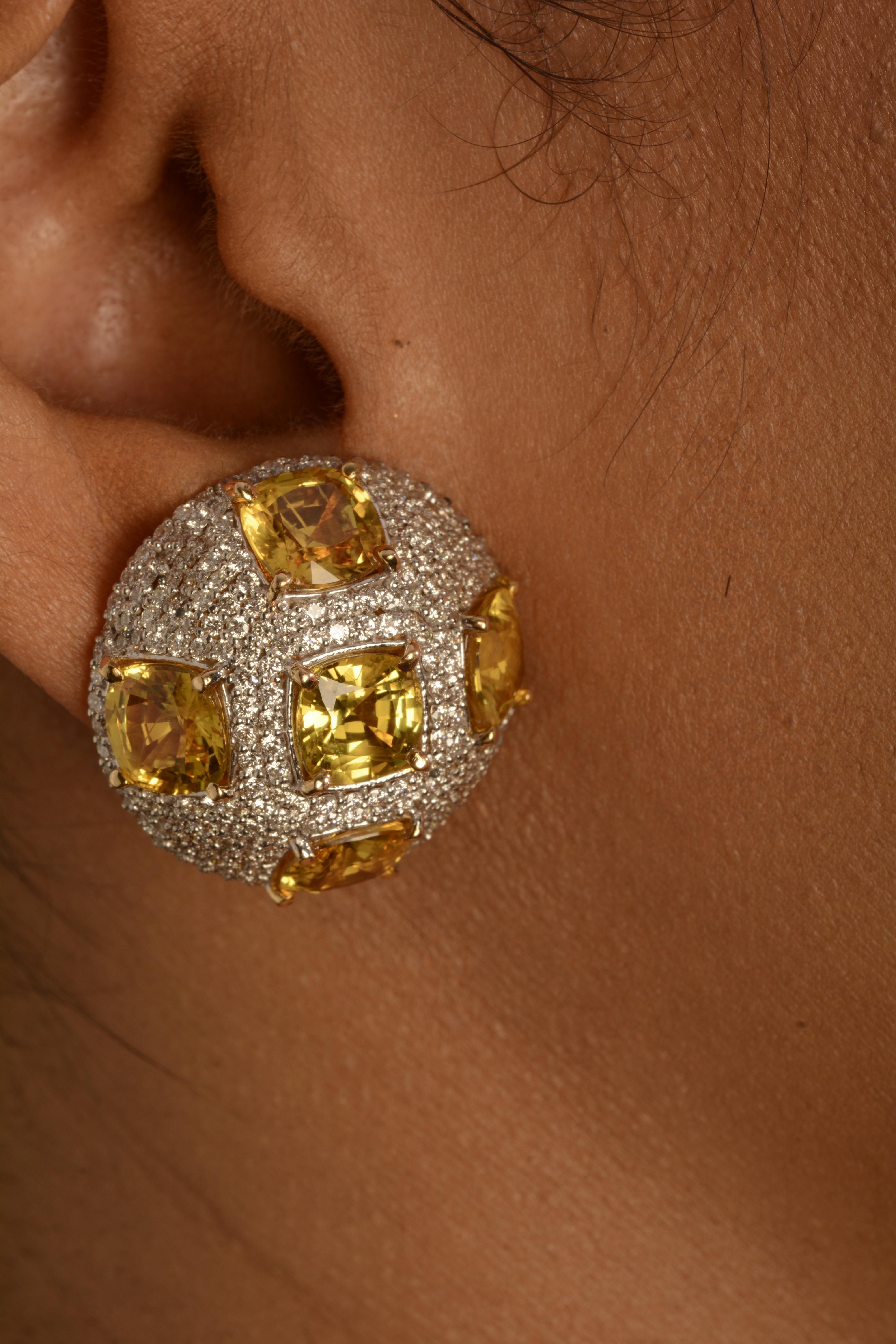 Mixed Cut 18 Karat Yellow Gold Yellow Sapphire and Diamond Stud Earrings For Sale