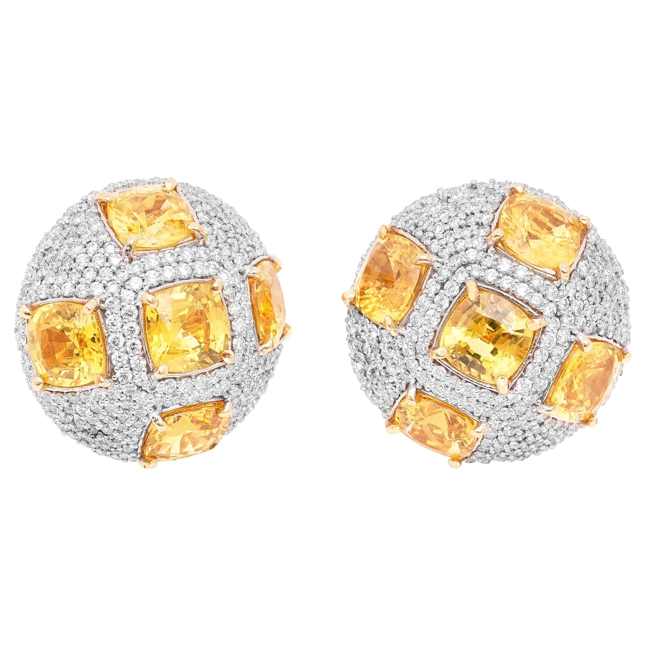 18 Karat Yellow Gold Yellow Sapphire and Diamond Stud Earrings For Sale