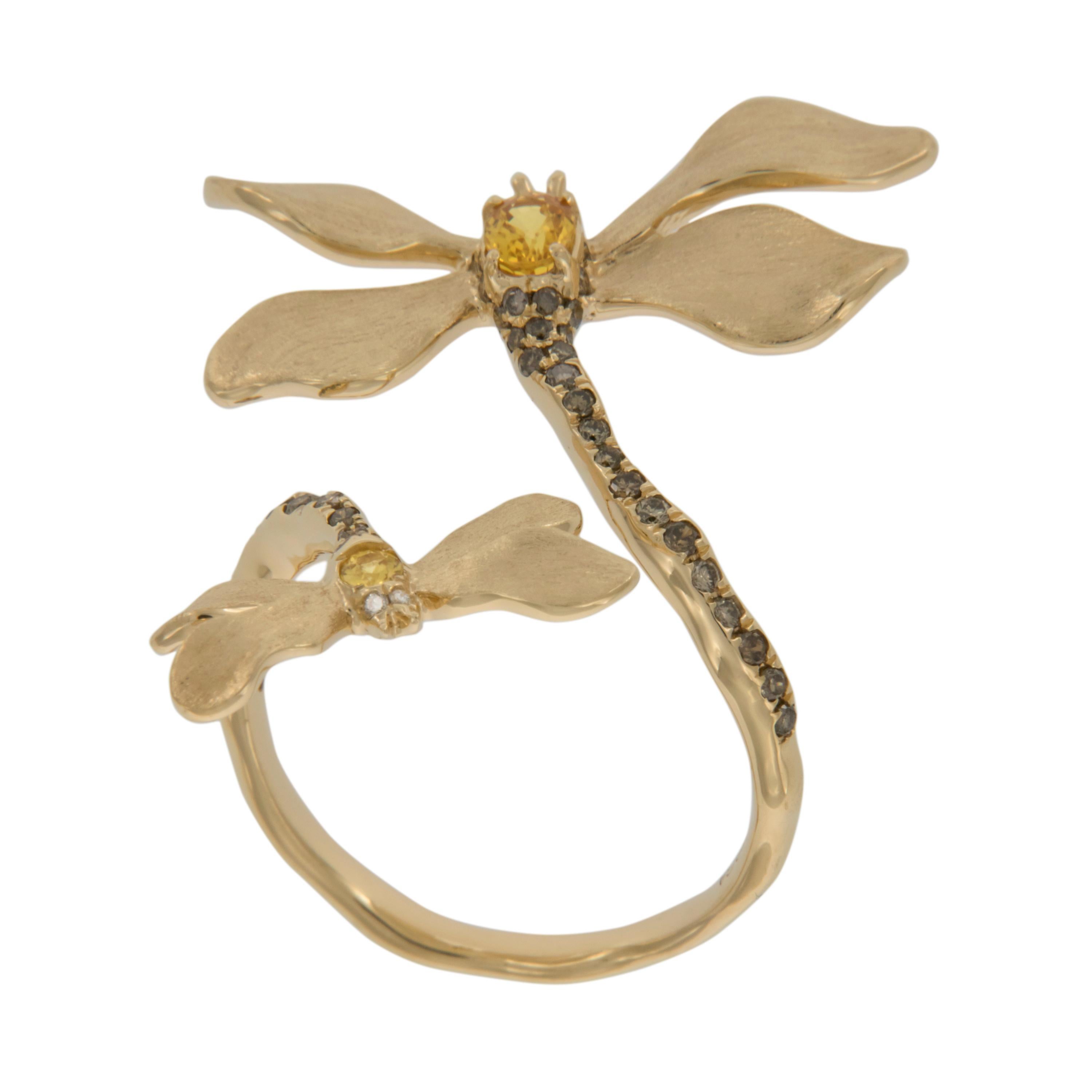 Dragonflies symbolize transformation & rebirth as well as invoking warm feelings of summer. This delightful wrap ring catches that feeling of warmth with 0.35 Cttw sunny yellow sapphires and 0.35 Cttw brown diamonds. Ring is a size 7 but can be